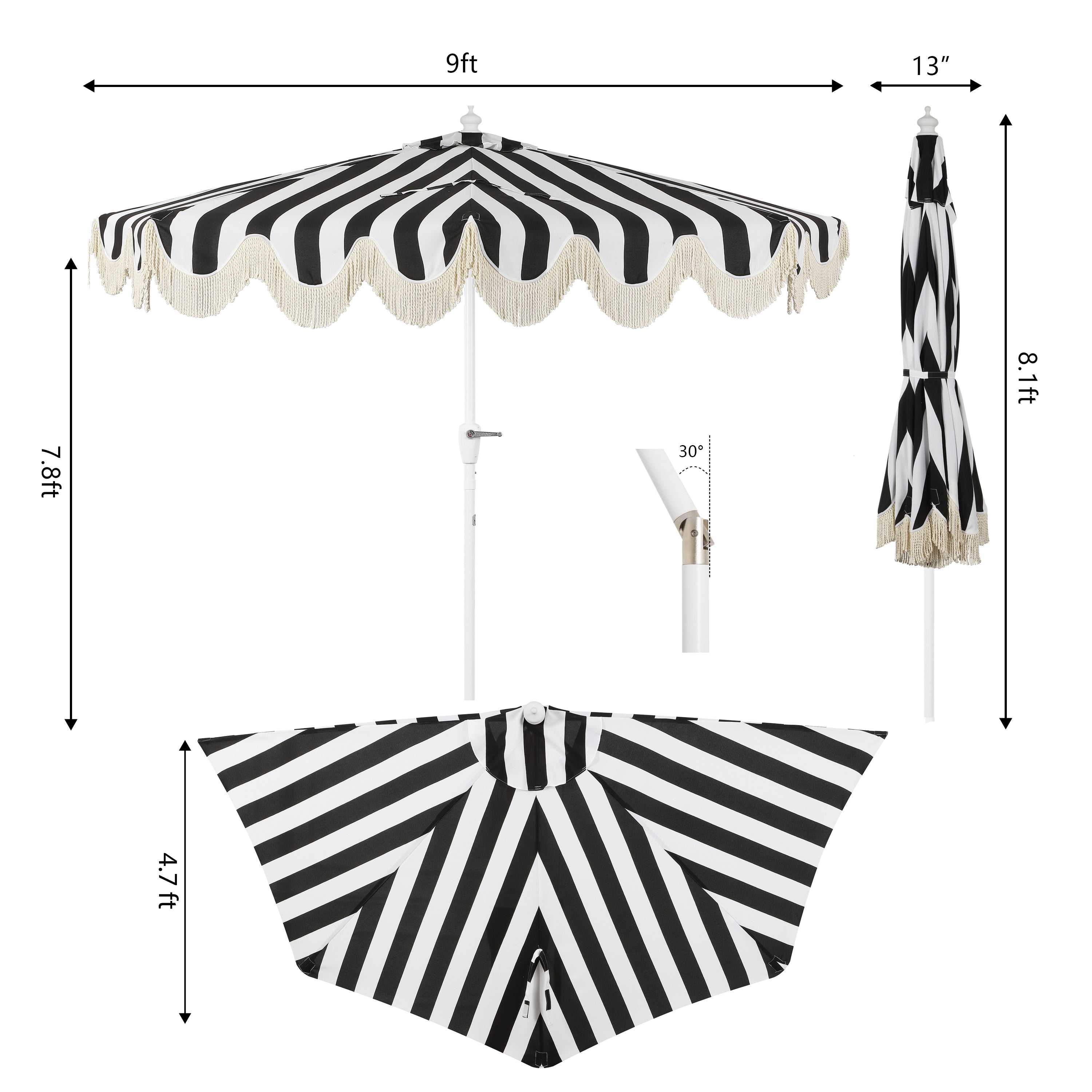 Beverly 9 ft. Designer Classic Scalloped Fringe Half Market Patio Umbrella with Crank