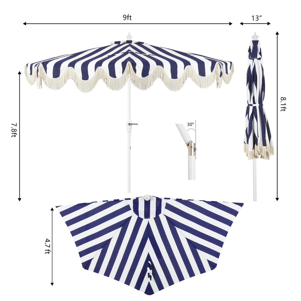 Beverly 9 ft. Designer Classic Scalloped Fringe Half Market Patio Umbrella with Crank