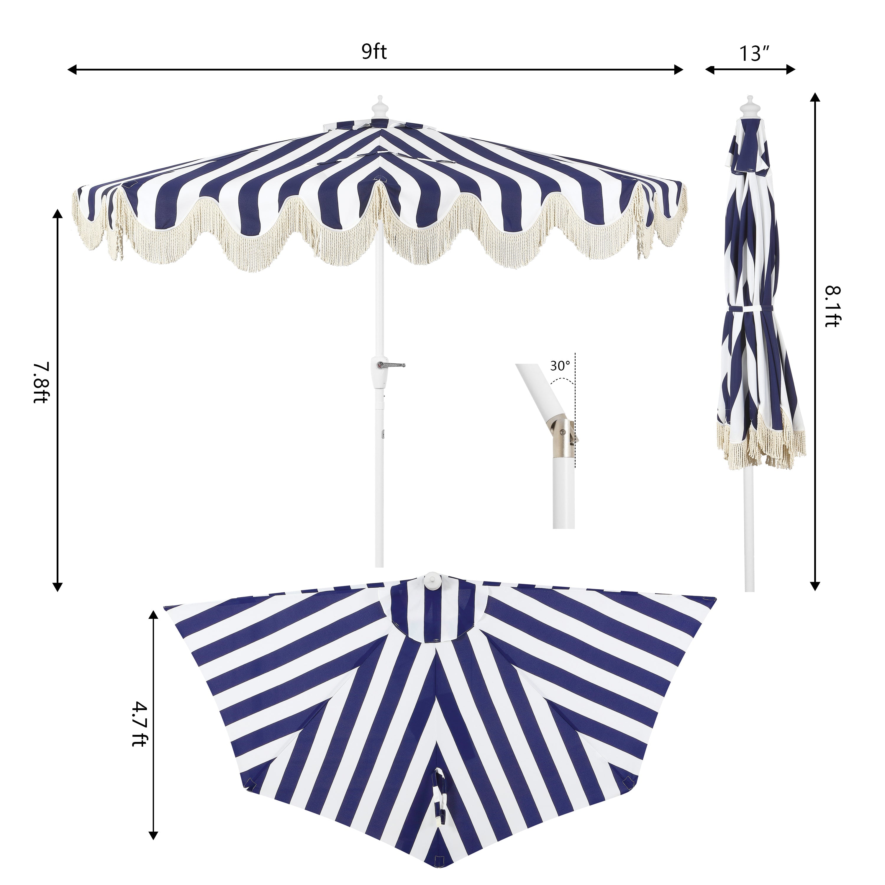 Beverly 9 ft. Designer Classic Scalloped Fringe Half Market Patio Umbrella with Crank