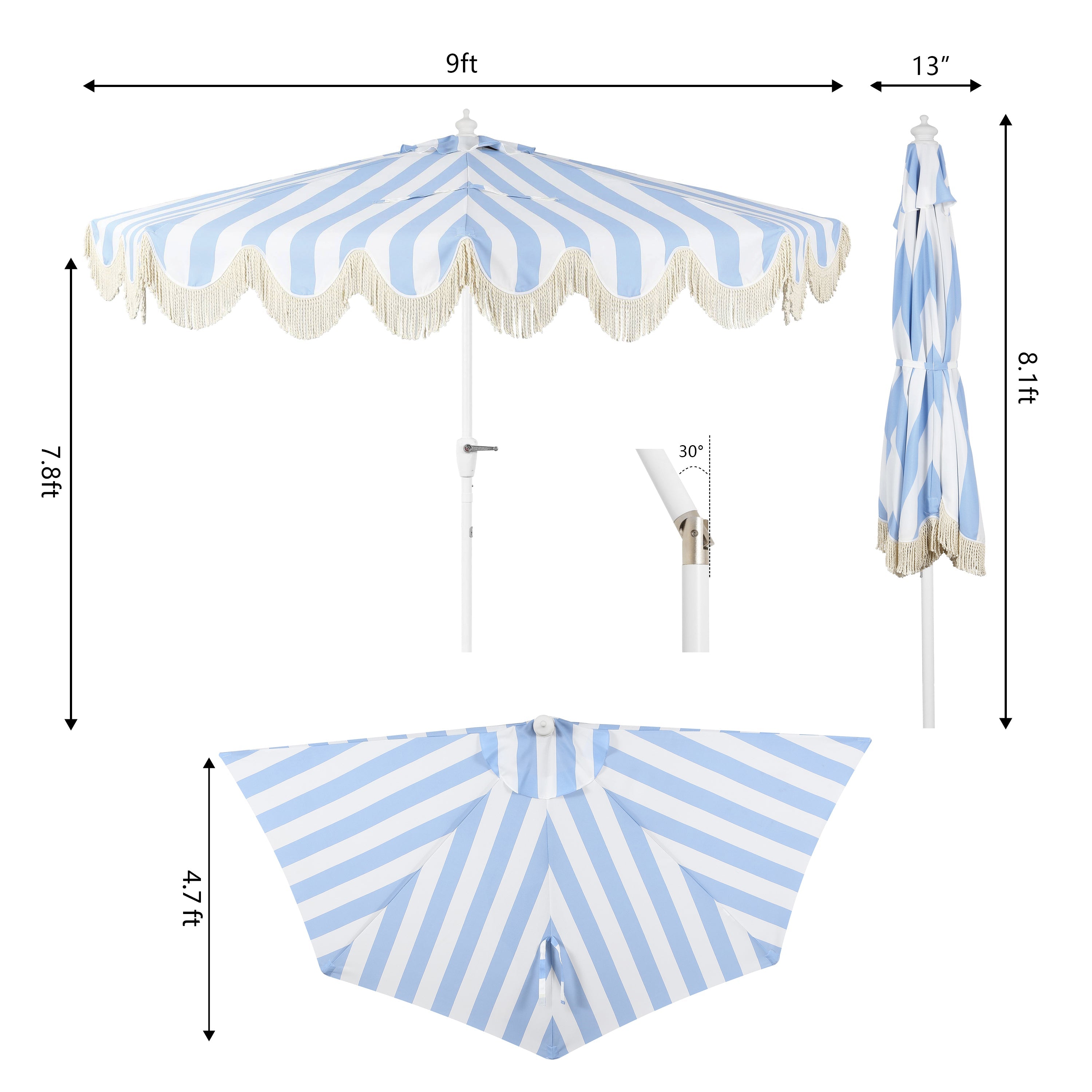 Beverly 9 ft. Designer Classic Scalloped Fringe Half Market Patio Umbrella with Crank