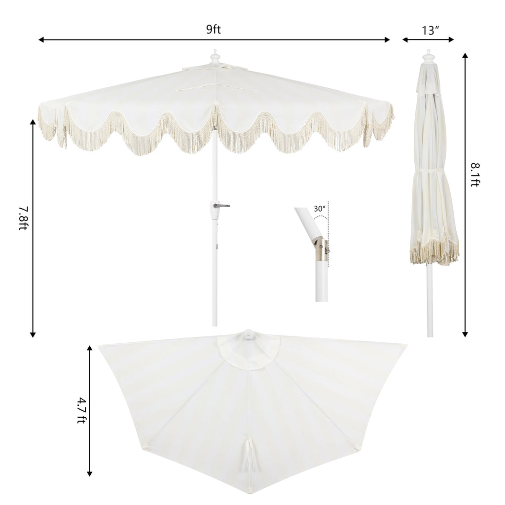 Beverly 9 ft. Designer Classic Scalloped Fringe Half Market Patio Umbrella with Crank