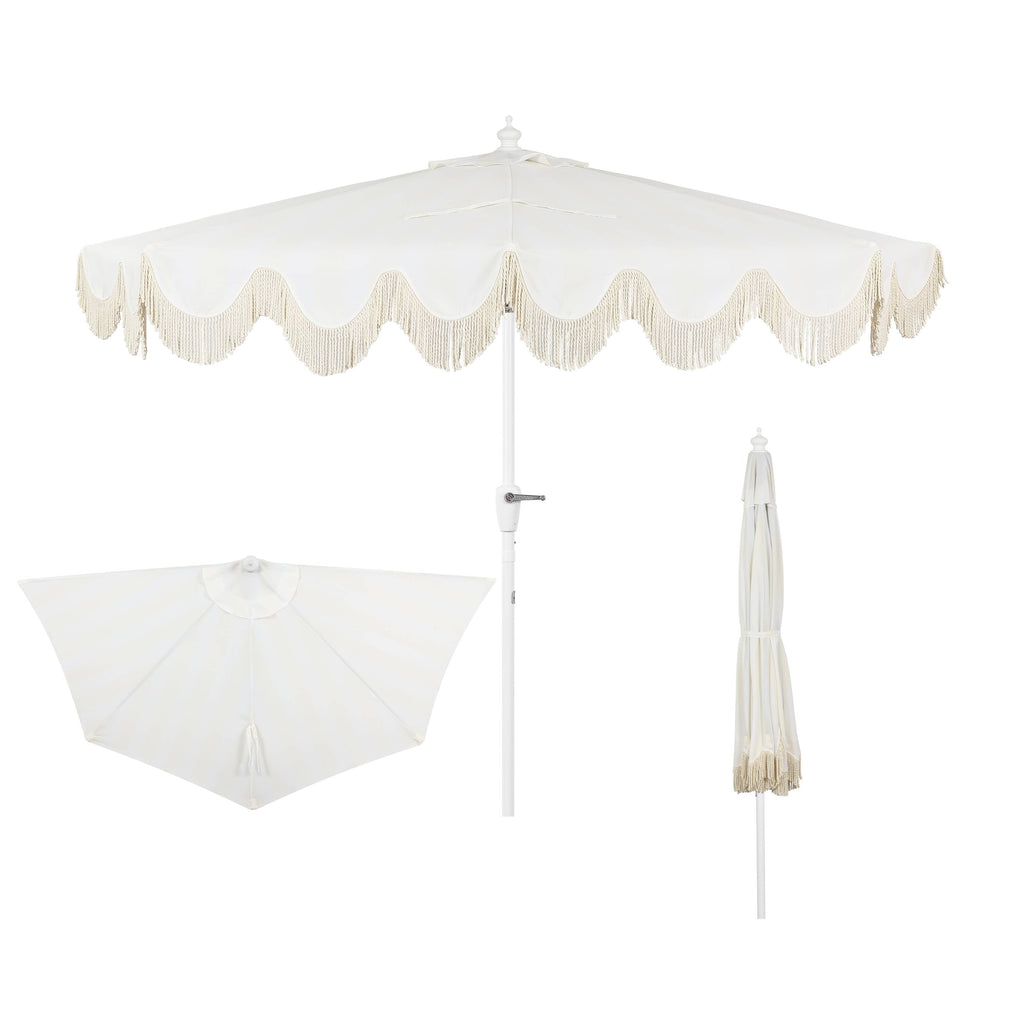 Beverly 9 ft. Designer Classic Scalloped Fringe Half Market Patio Umbrella with Crank
