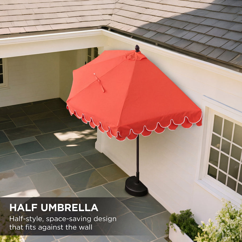 Terrace Arc 9 ft Scalloped Fringe Market Patio Half Umbrella with Crank, Tilt Button and UV Protection