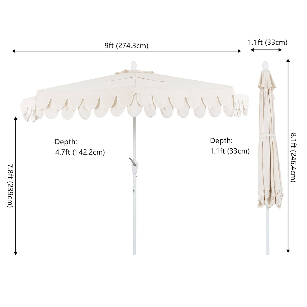 Terrace Arc 9 ft Scalloped Fringe Market Patio Half Umbrella with Crank, Tilt Button and UV Protection