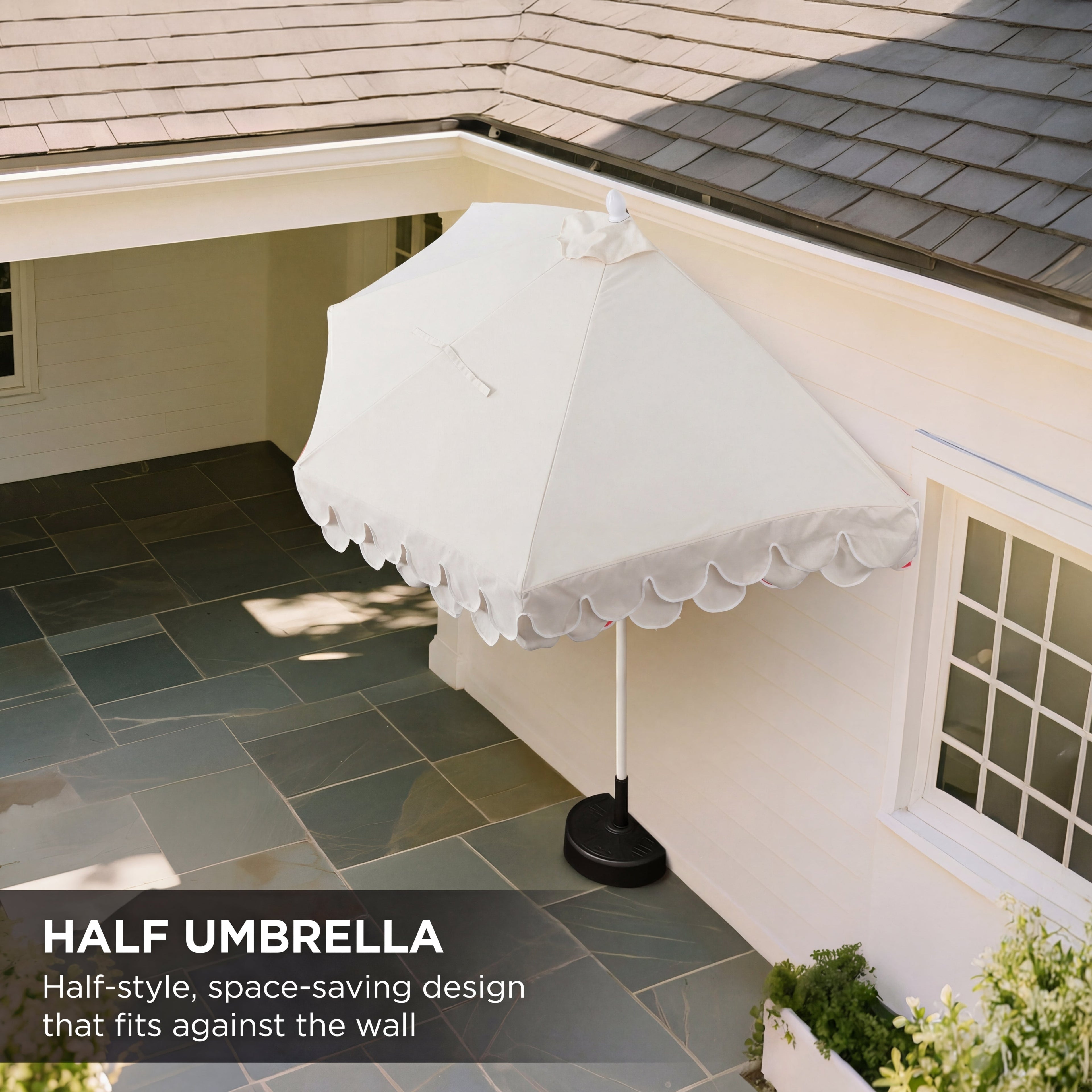 Terrace Arc 9 ft Scalloped Fringe Market Patio Half Umbrella with Crank, Tilt Button and UV Protection