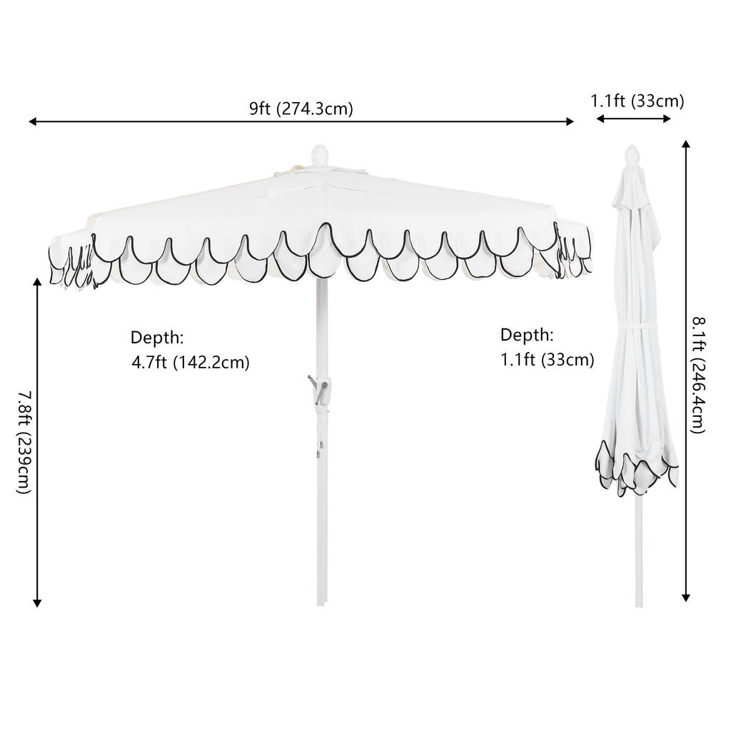 Terrace Arc 9 ft Scalloped Fringe Market Patio Half Umbrella with Crank, Tilt Button and UV Protection