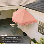Terrace Arc 9 ft Scalloped Fringe Market Patio Half Umbrella with Crank, Tilt Button and UV Protection
