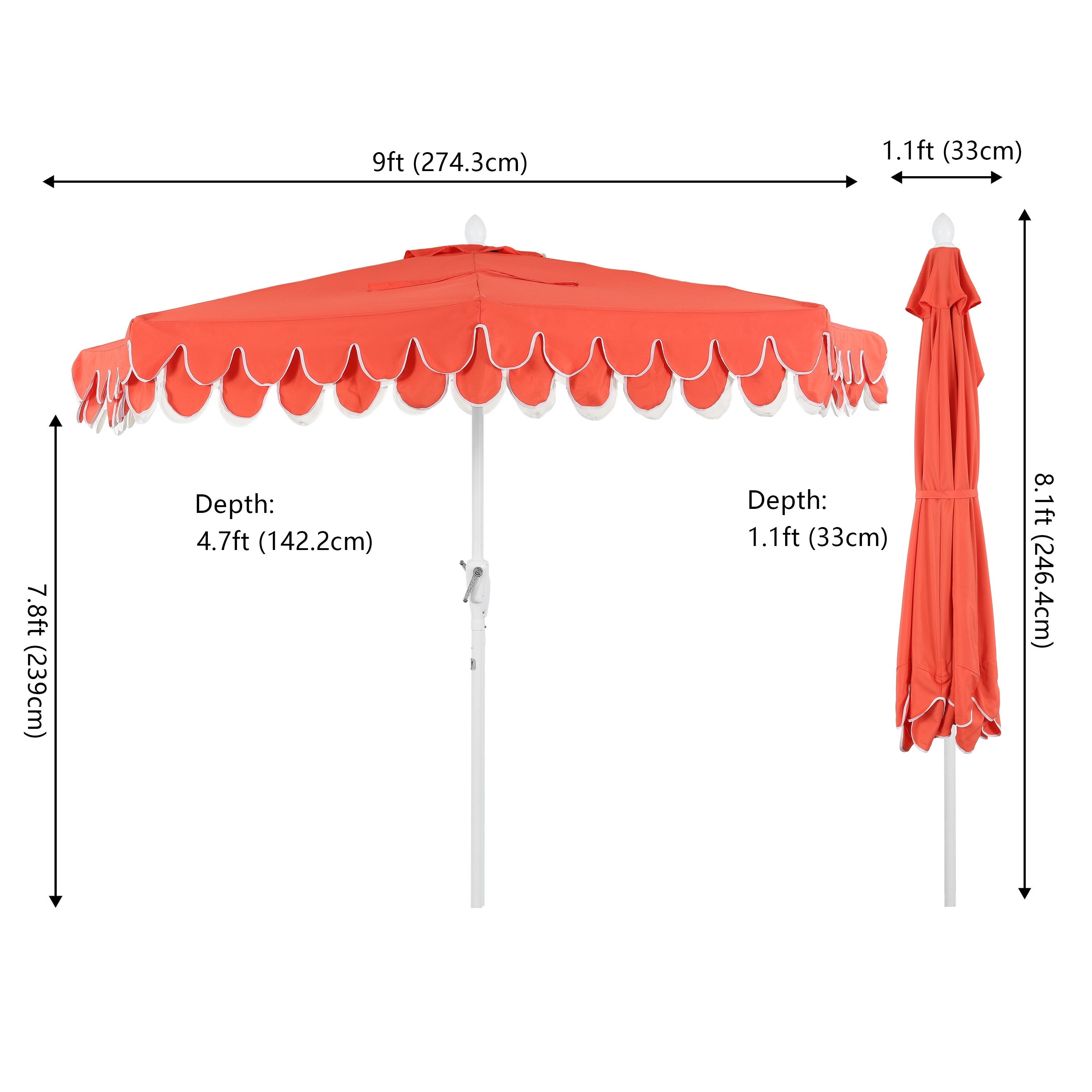 Terrace Arc 9 ft Scalloped Fringe Market Patio Half Umbrella with Crank, Tilt Button and UV Protection