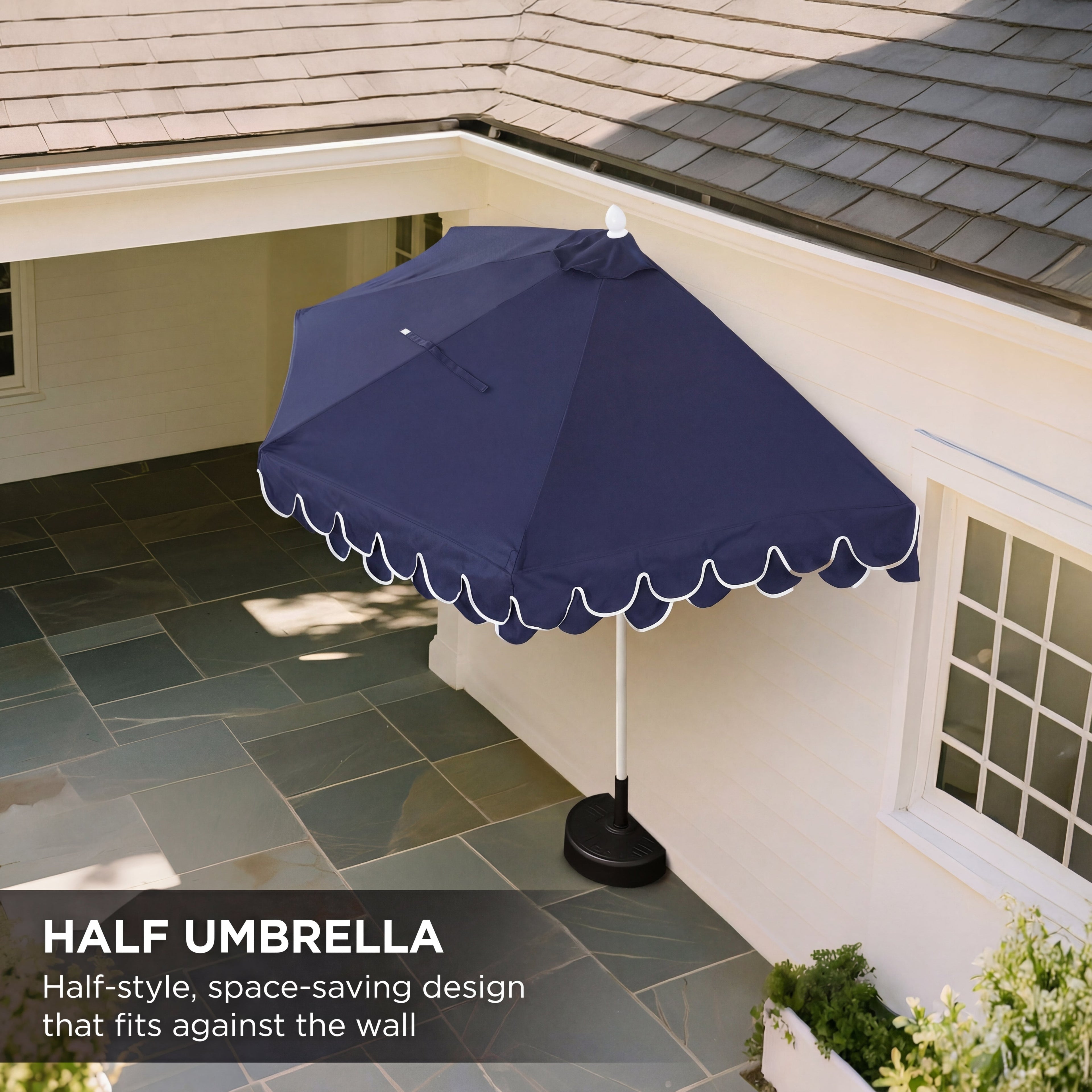Terrace Arc 9 ft Scalloped Fringe Market Patio Half Umbrella with Crank, Tilt Button and UV Protection