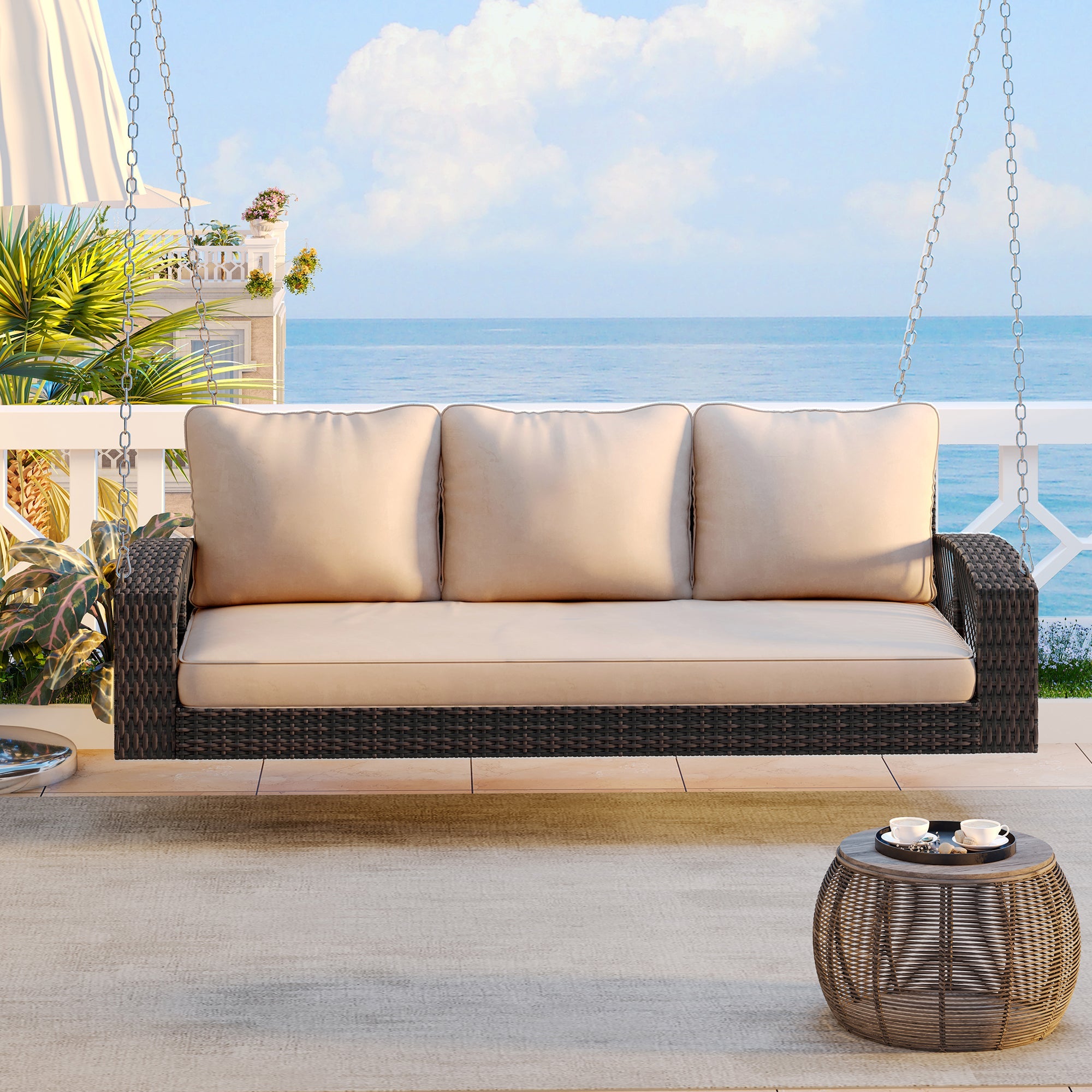 3-Person Large Porch Swing with Cushions