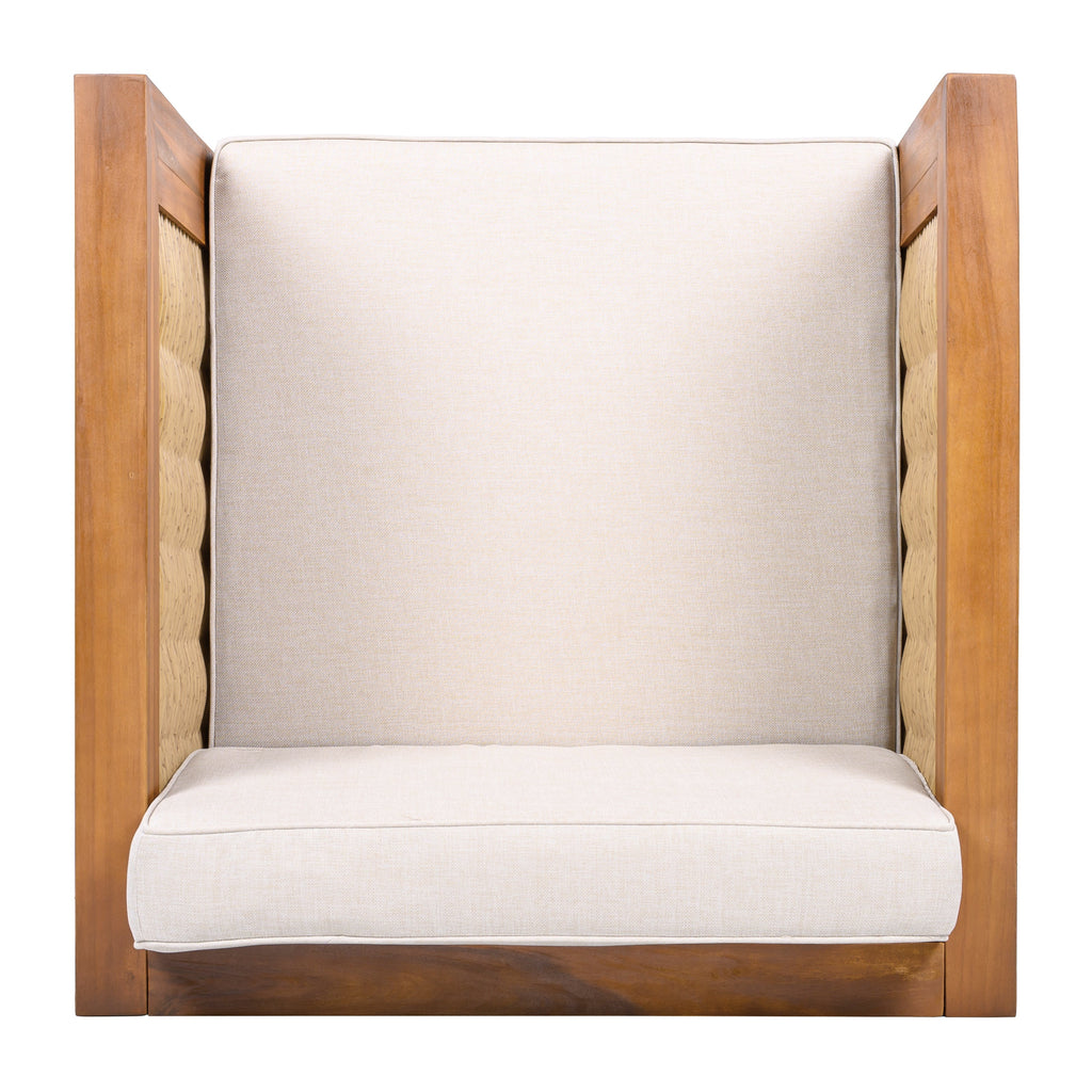 Outdoor Acacia Wood Outdoor Club Chair with Wicker Armrest and Beige Cushions