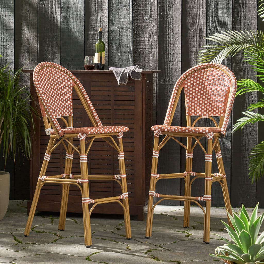 Clifftop 29.5" Outdoor Rattan Bar Stool with Aluminum Frame and Footrest, Set of 2