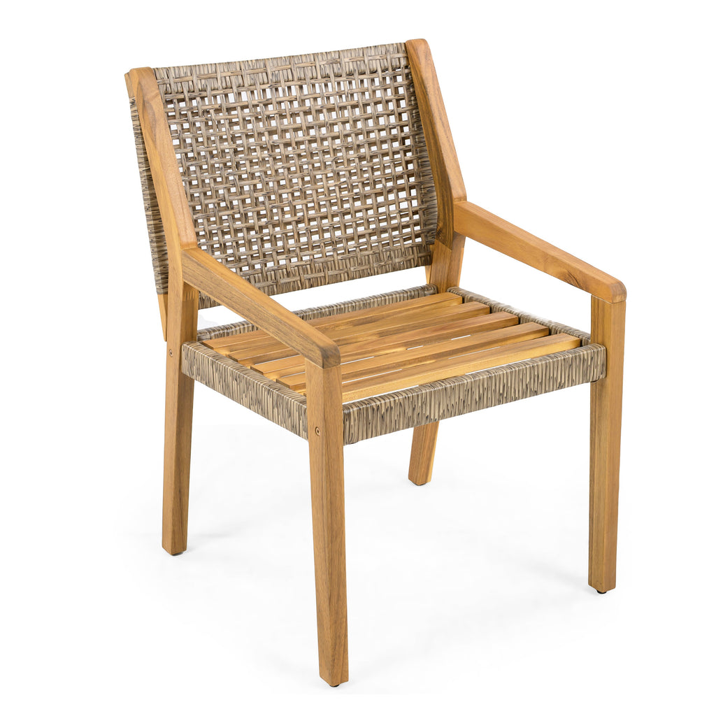 Capri Outdoor Acacia Wood & Wicker Dining Chairs with Cream Cushion, Set of 2