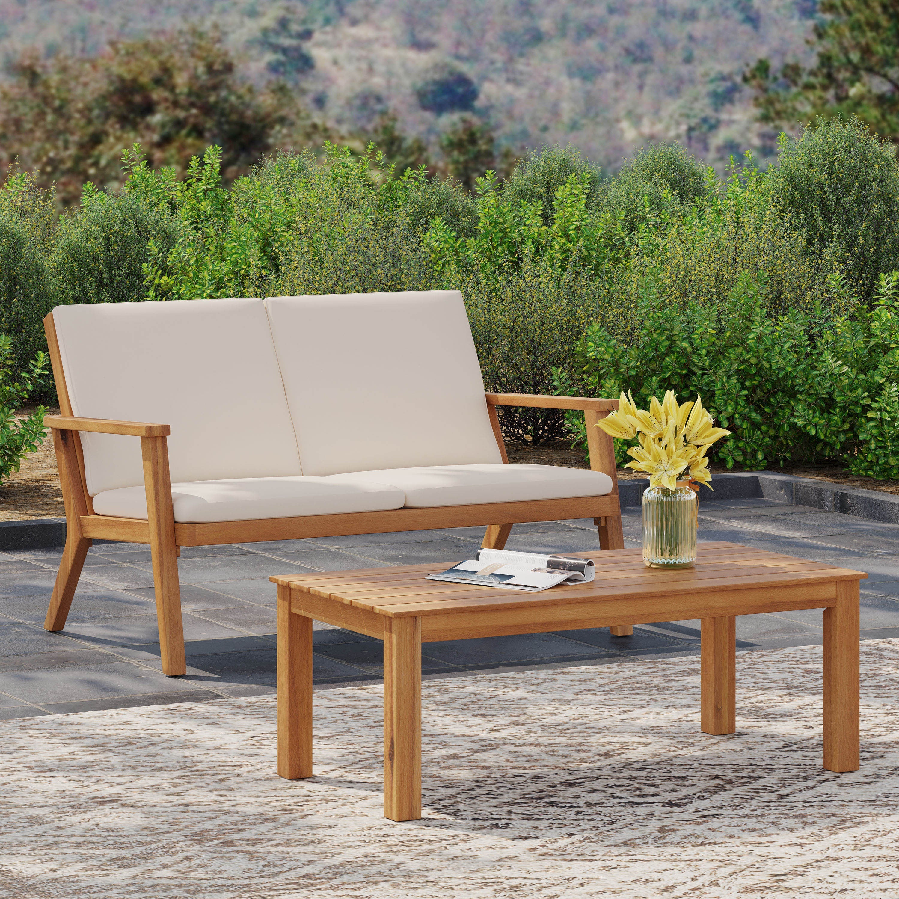 Brixton Outdoor Acacia Wood Loveseat and Coffee Table Set with Cushions