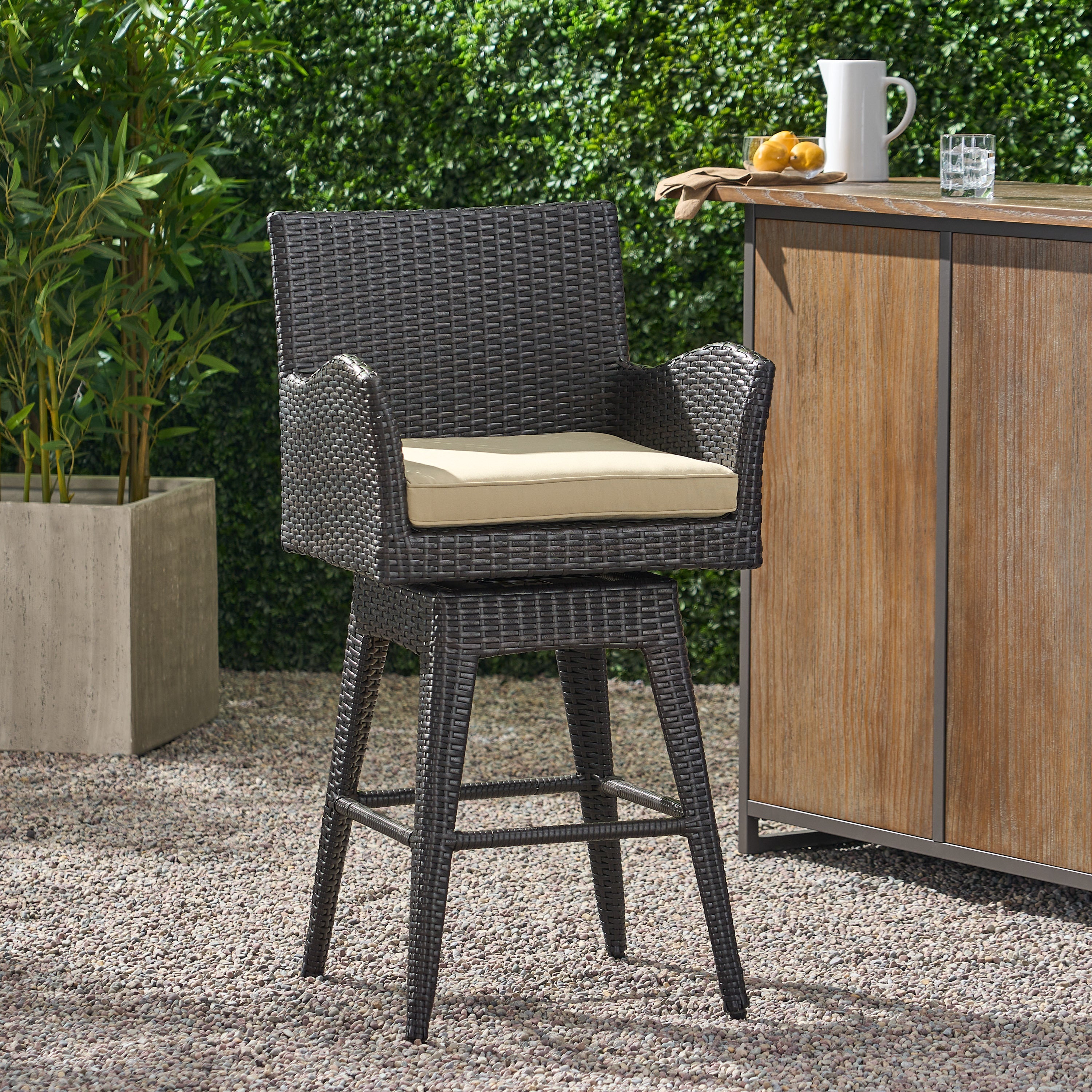 Liden Outdoor Modern PE Rattan Swivel Barstool with Tapered Legs