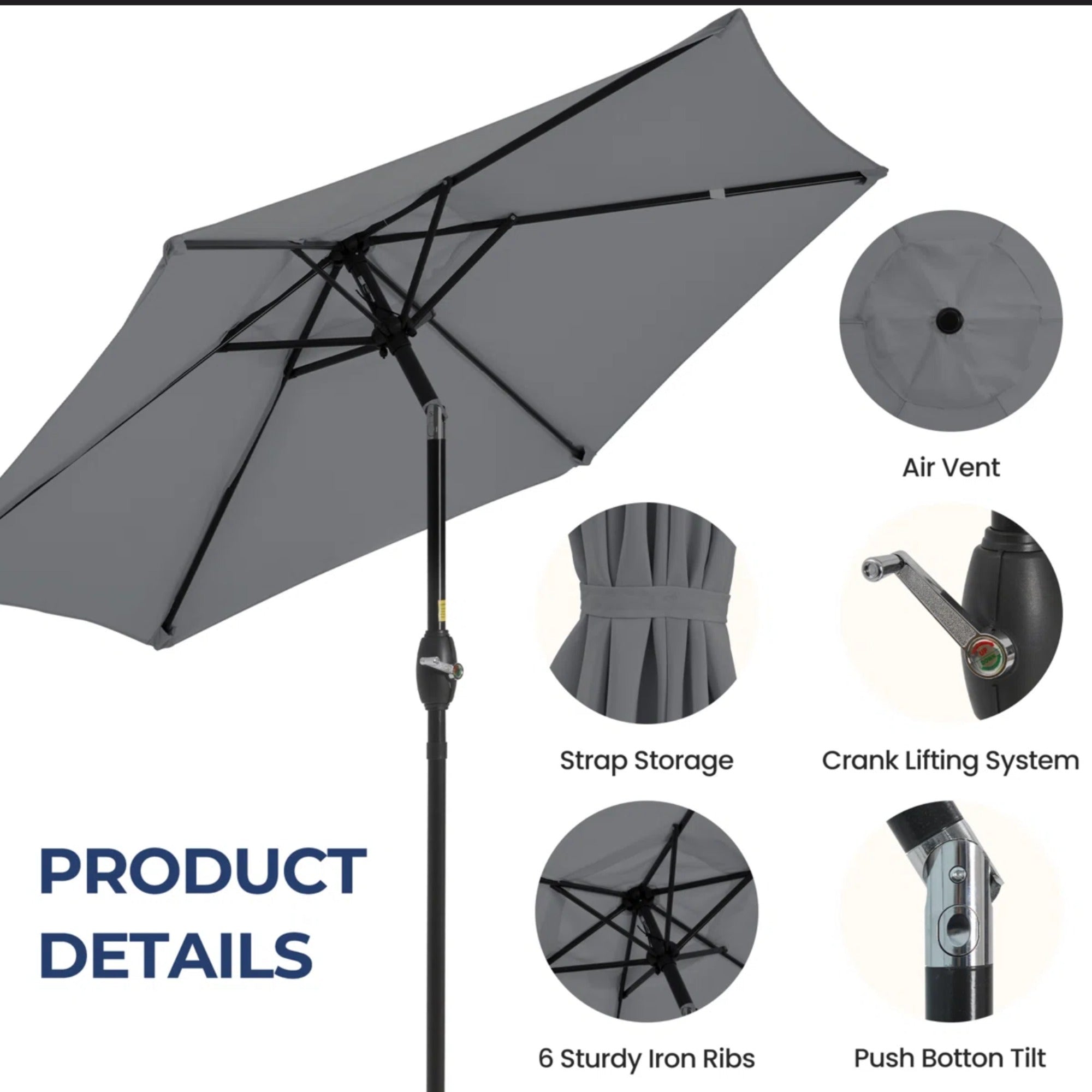 7.5 Feet Market Umbrella with Crank Lift & Tilt, Base Not Included