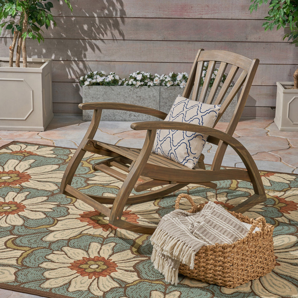 Outdoor Acacia Wood Rocking Chair with Retractable Foot Rest
