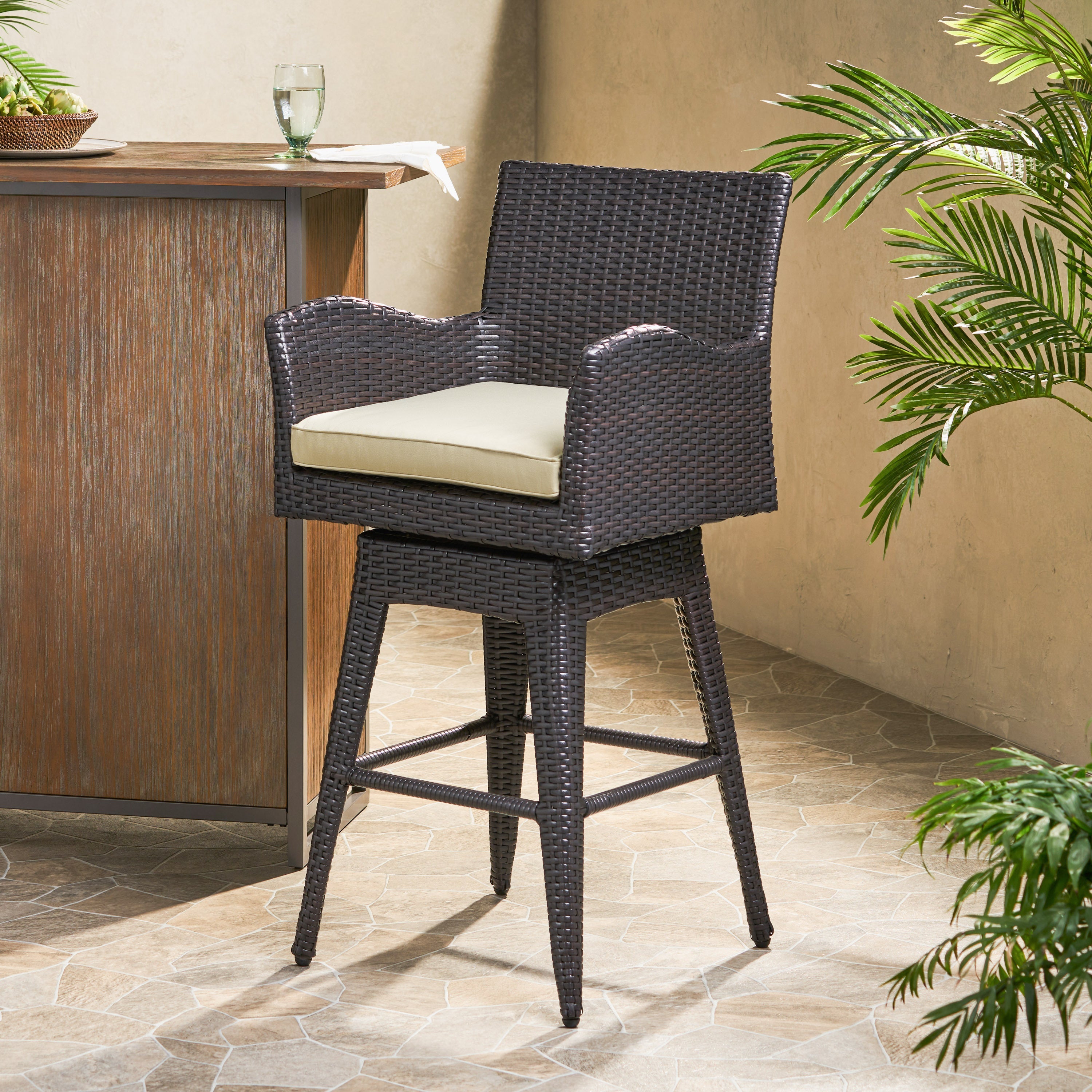 Liden Outdoor Modern PE Rattan Swivel Barstool with Tapered Legs