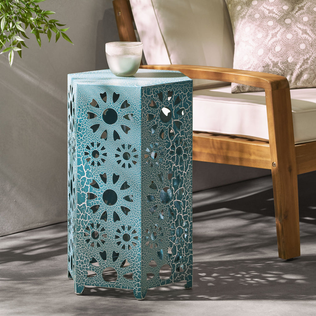 Enshrine Outdoor Iron Side Table with Sunburst Cut Out Design