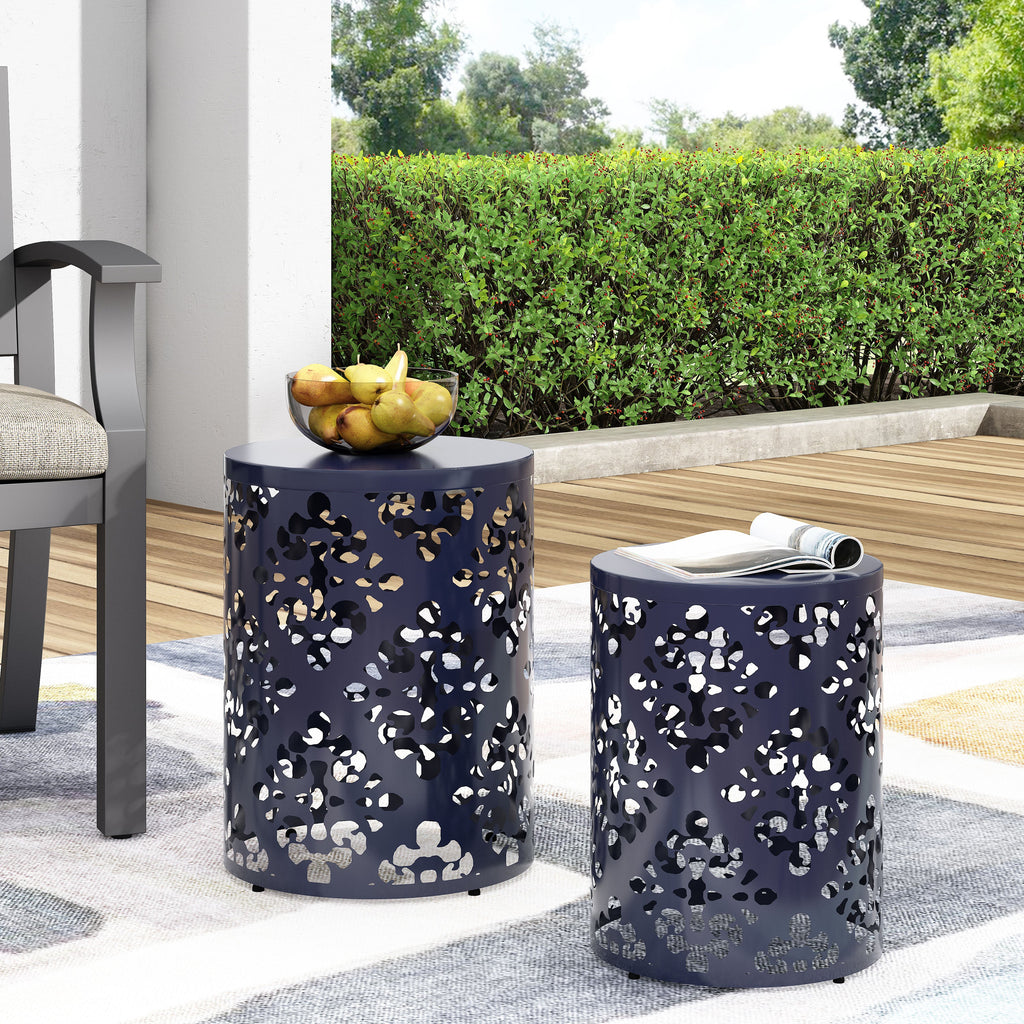 Refinery 2-Piece Outdoor End Table Set with Floral Patten and Iron Cut Design