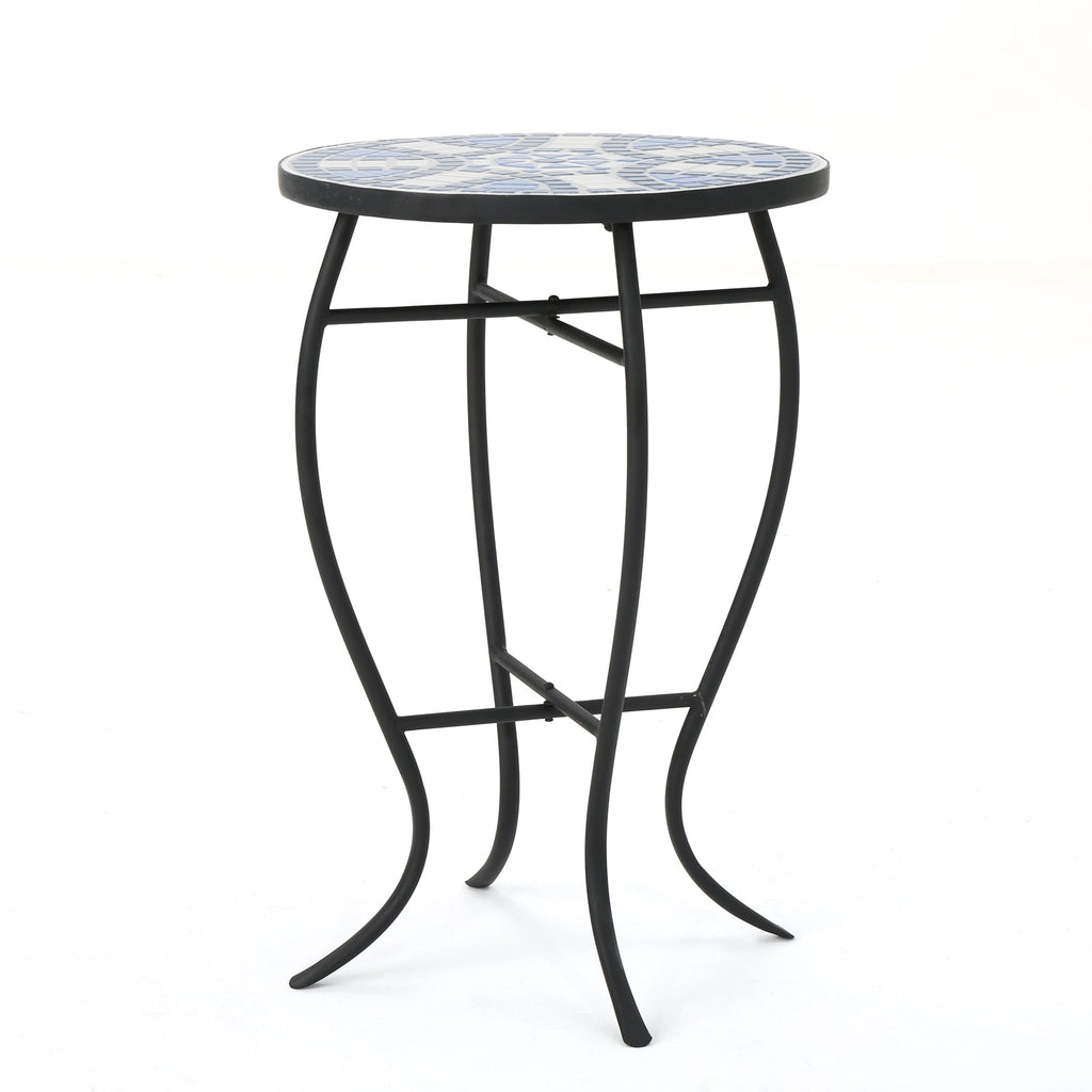 Outdoor Round End Table with Mosaic-Style Top and Curved Iron Legs