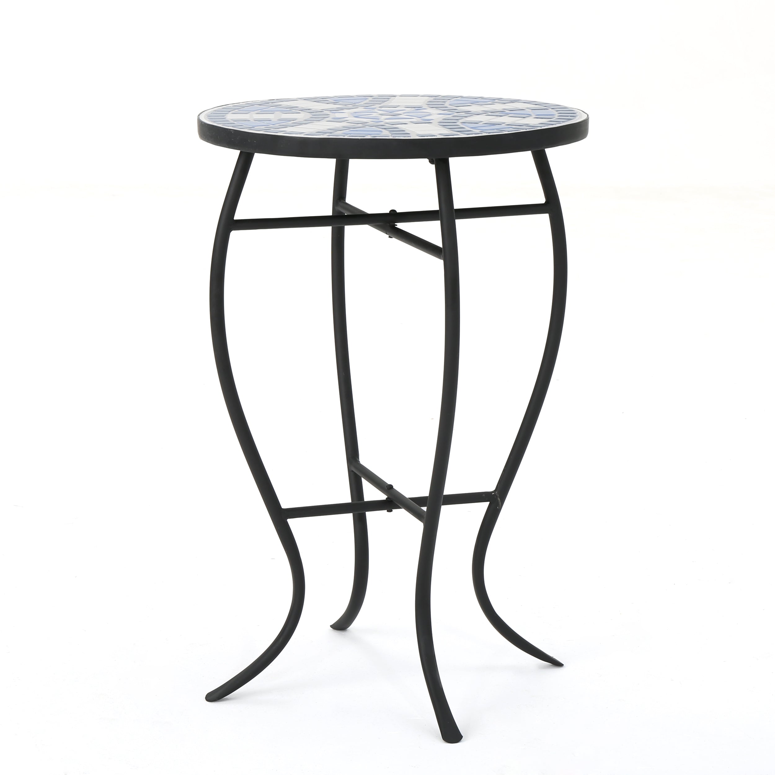 Outdoor Round End Table with Mosaic-Style Top and Curved Iron Legs