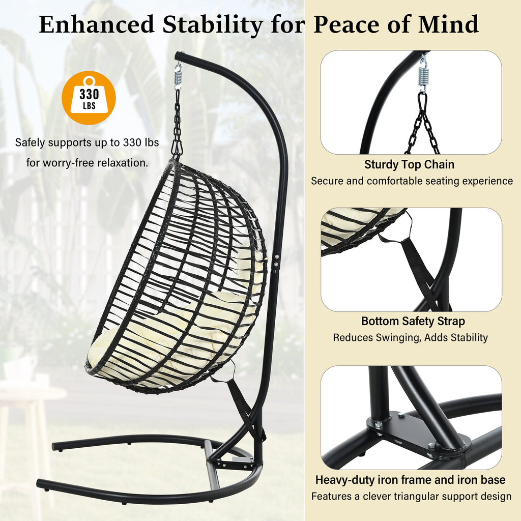 Folding Hanging Swinging Egg Chair with Stand & Tufted Cushion