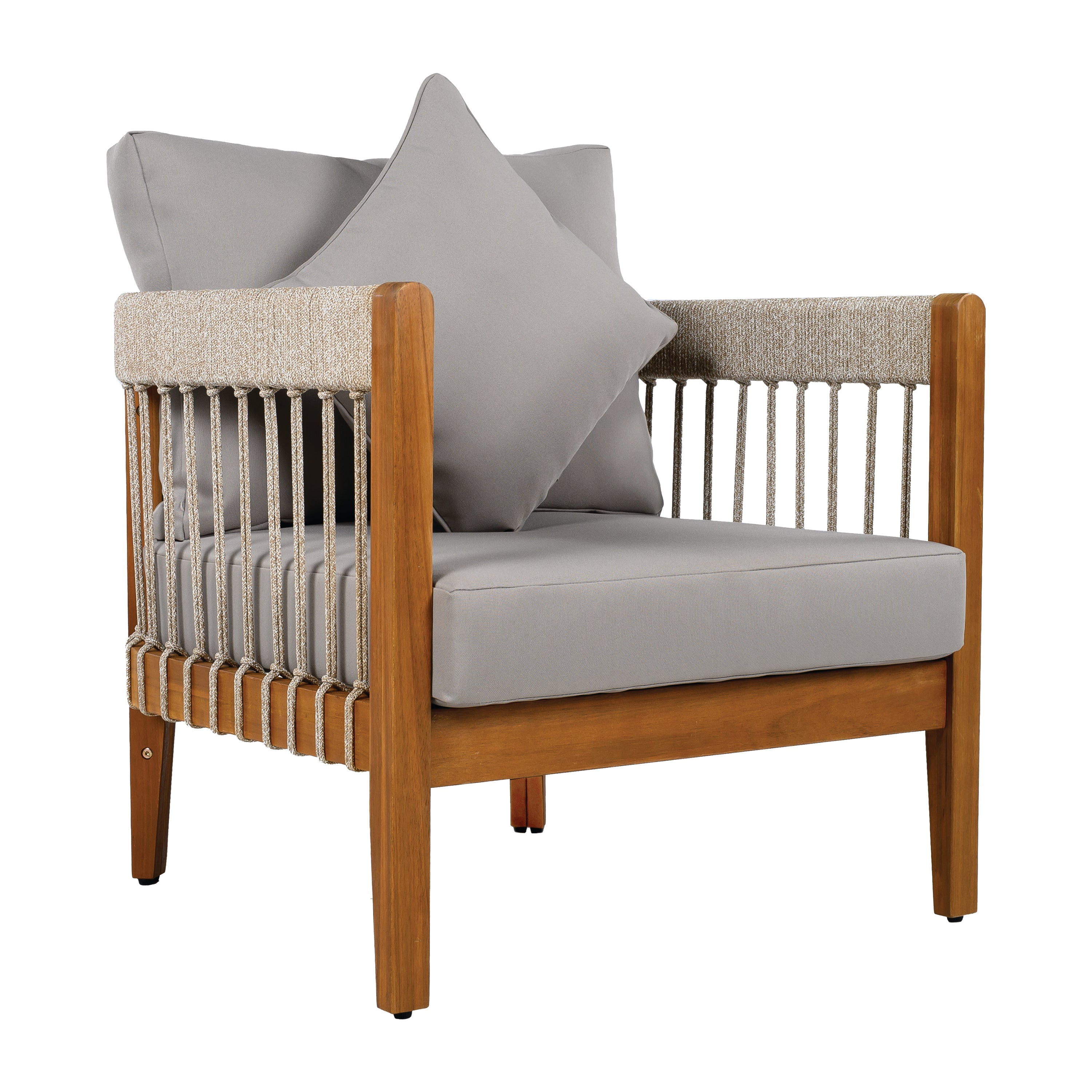 Azari Outdoor Acacia Wood Club Chair with Handwoven Rope Accents & Curved Backrest