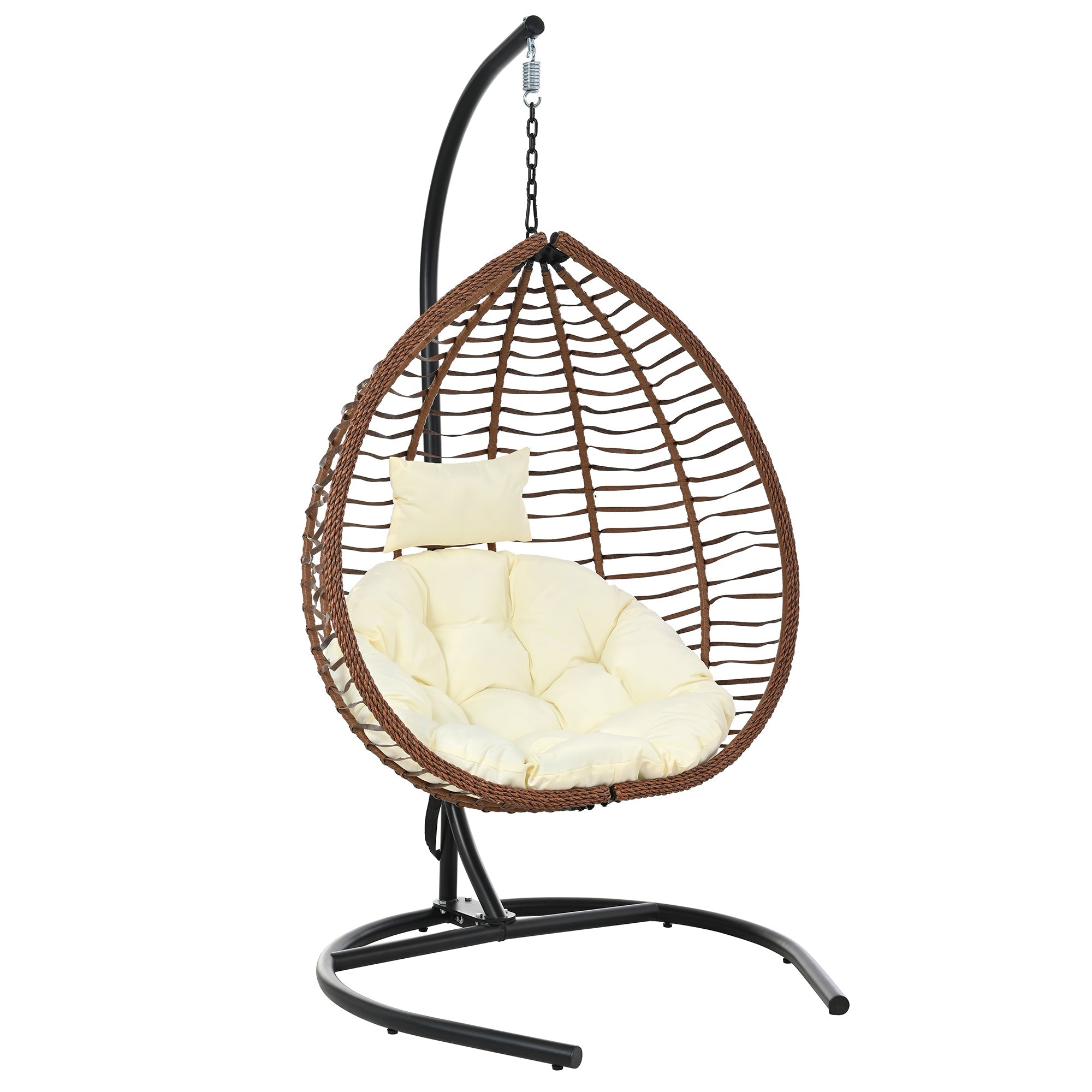 Foldable Rattan Egg Swing Chair with Iron Frame, Plush Cushion & Removable Headrest