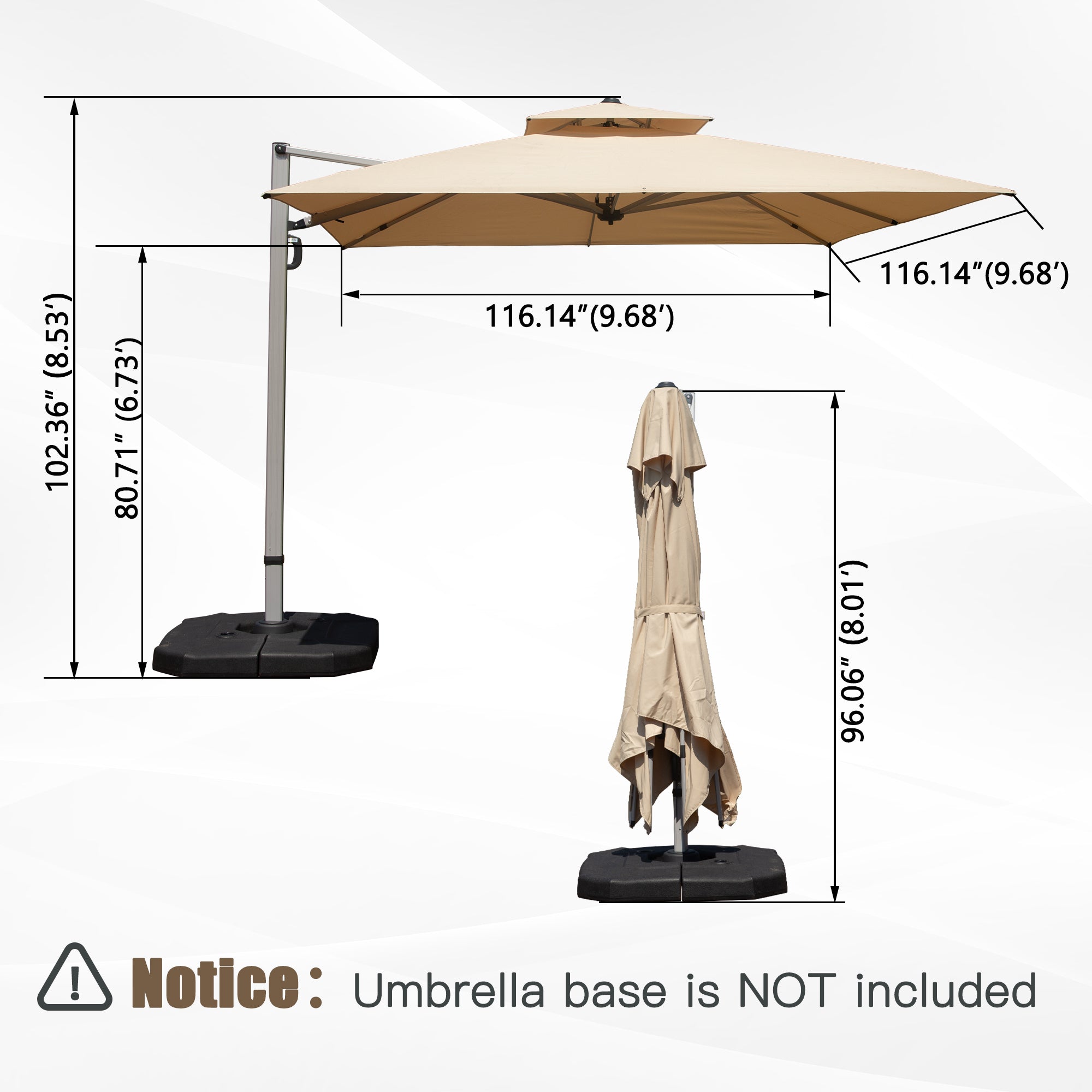 10'X10' Square Cantilever Umbrella with Center Pole, Base Not Included