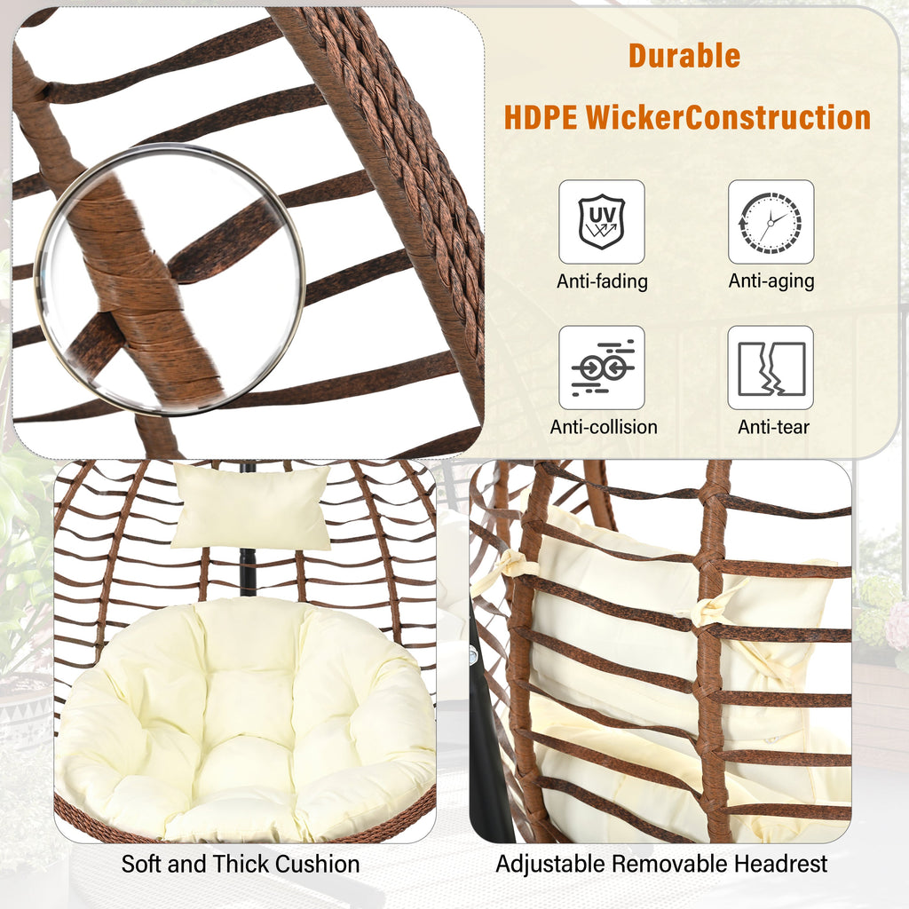 Foldable Rattan Egg Swing Chair with Iron Frame, Plush Cushion & Removable Headrest