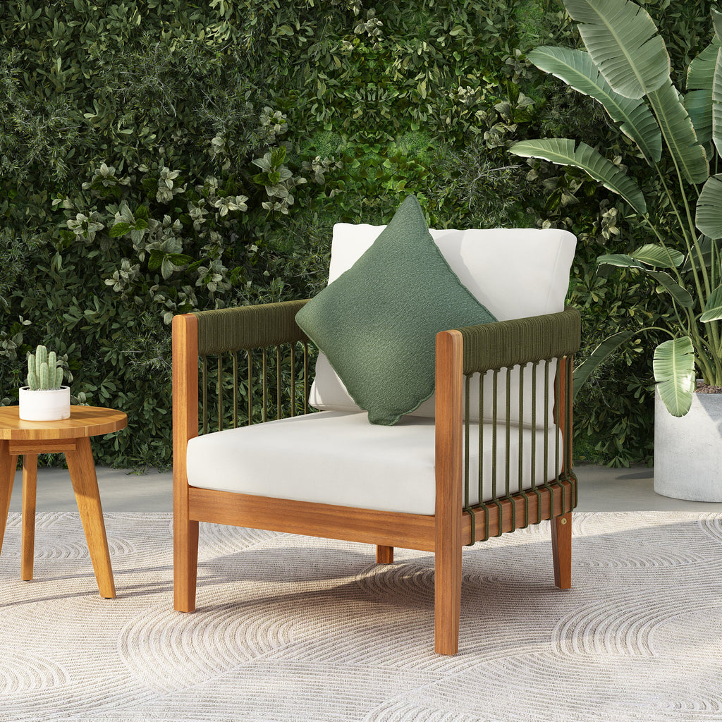 Azari Outdoor Acacia Wood Club Chair with Handwoven Rope Accents & Curved Backrest