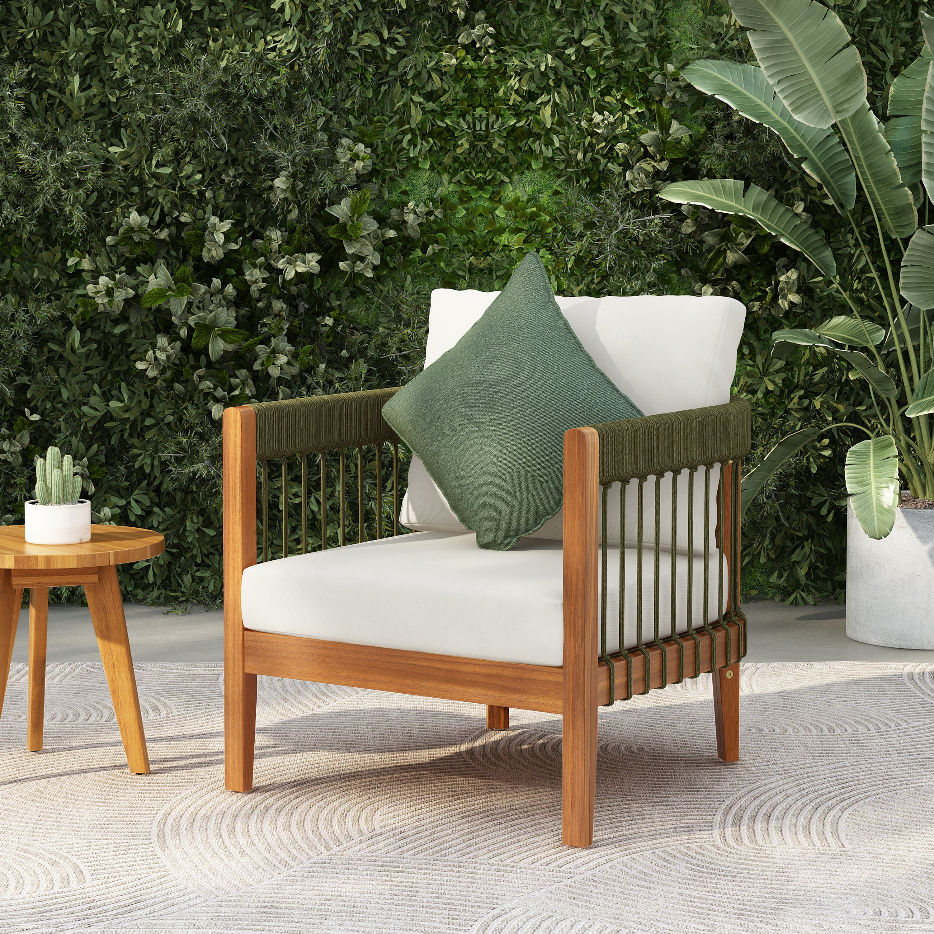 Azari Outdoor Acacia Wood Club Chair with Handwoven Rope Accents & Curved Backrest