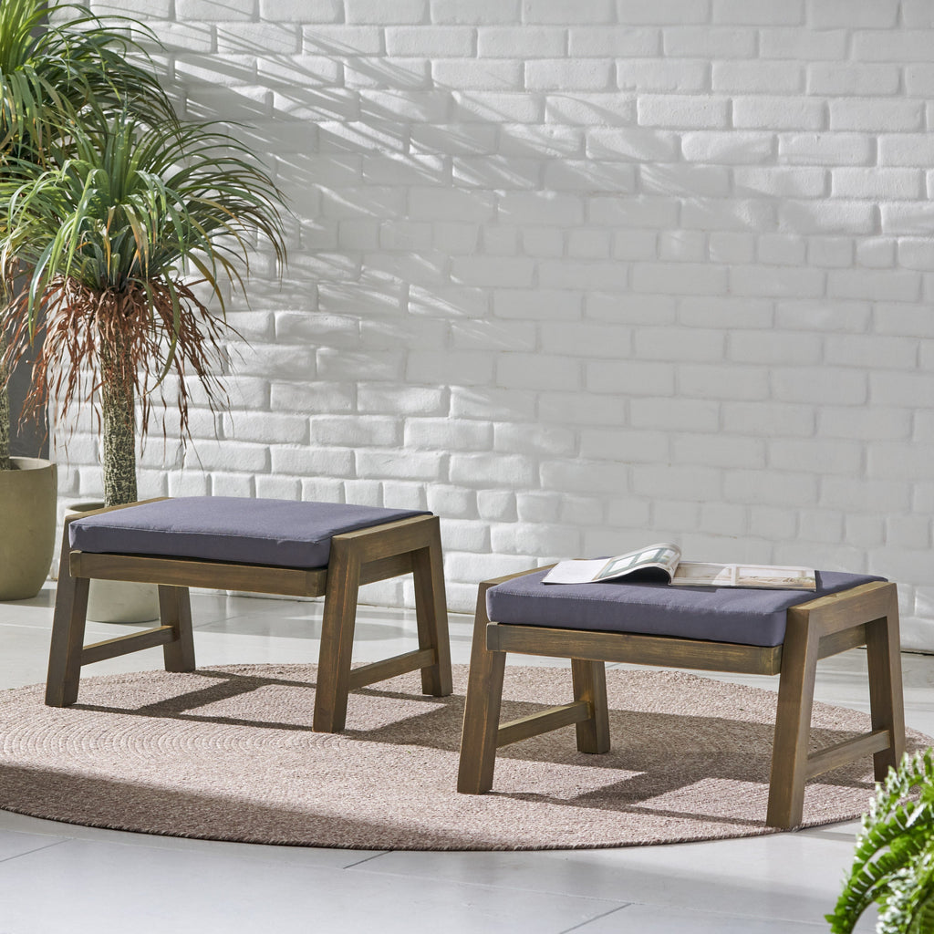 Brixton Acacia Wood Outdoor Ottomans with Cushion, Set of 2