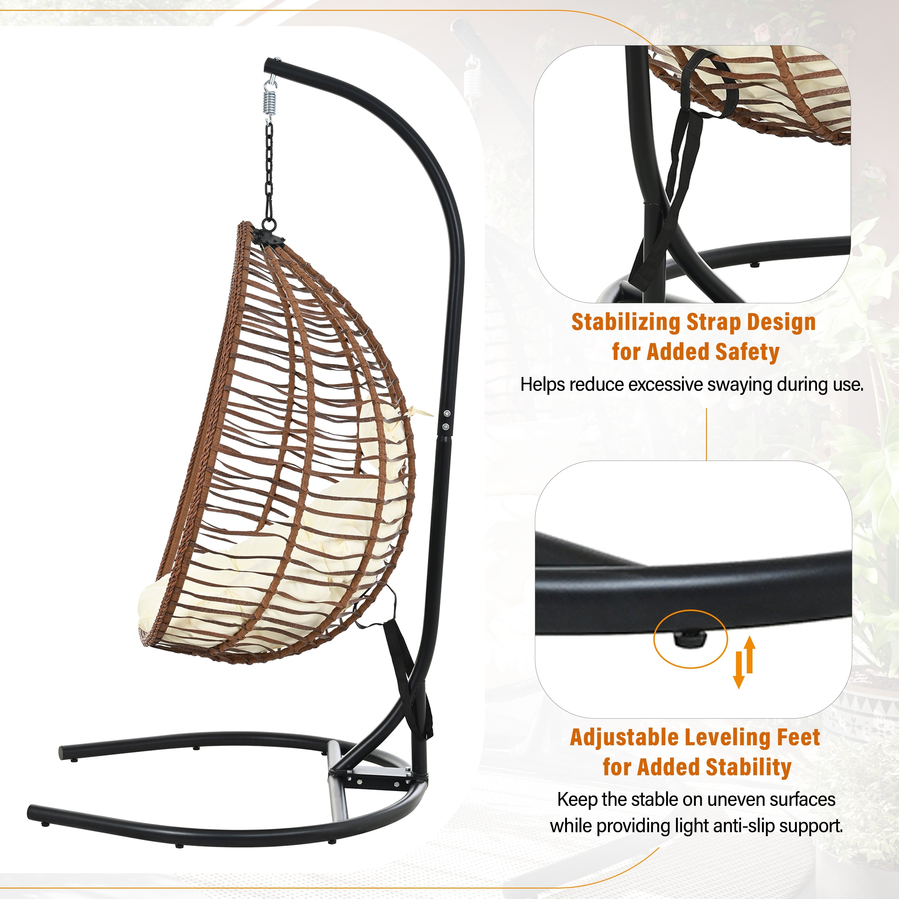 Foldable Rattan Egg Swing Chair with Iron Frame, Plush Cushion & Removable Headrest