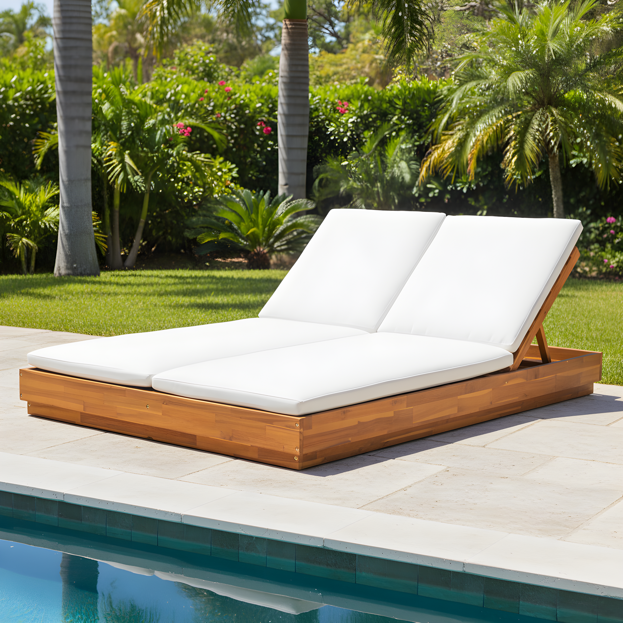 Adjustable Acacia Wood Low-Profile Double Sunlounge with Cushion