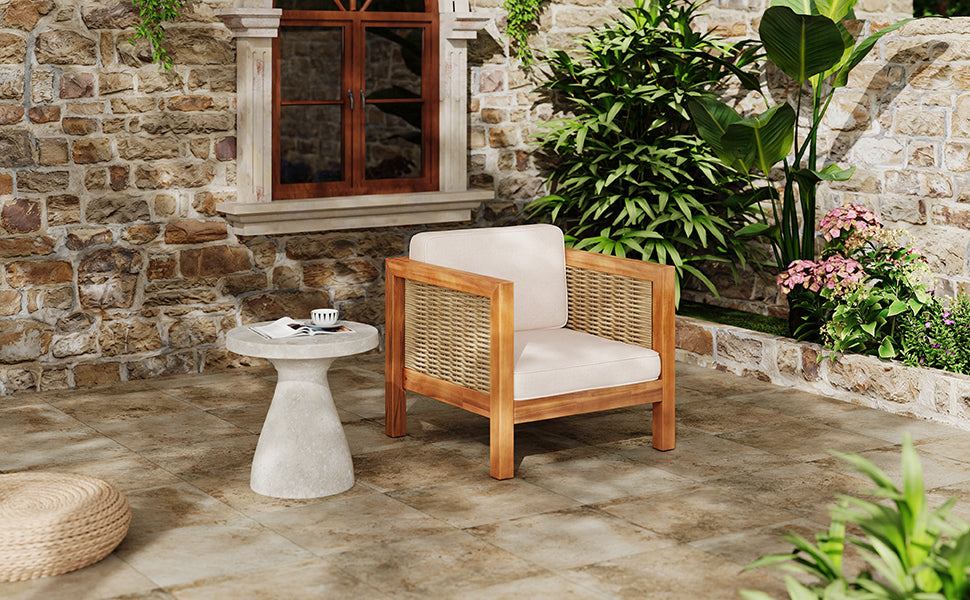 Outdoor Acacia Wood Outdoor Club Chair with Wicker Armrest and Beige Cushions
