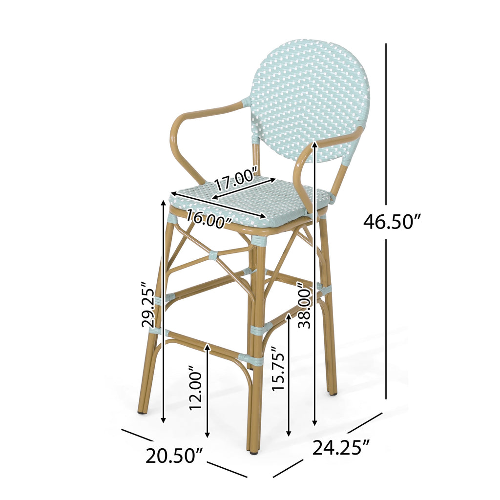Valorous Outdoor Wicker Bar Stool with Round Back and Curved Arms, Set of 2