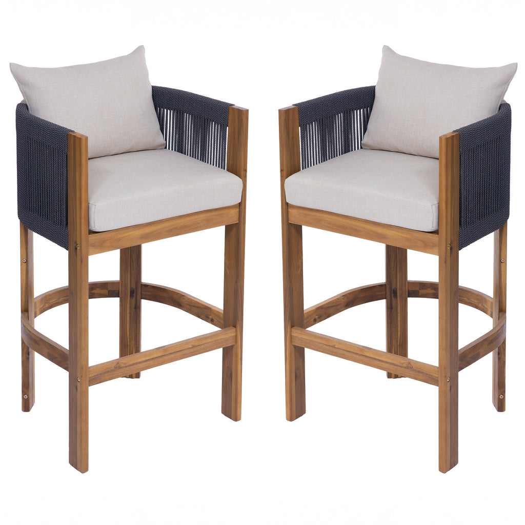 Matera Outdoor Wood & Rope Barstools, Set of 2