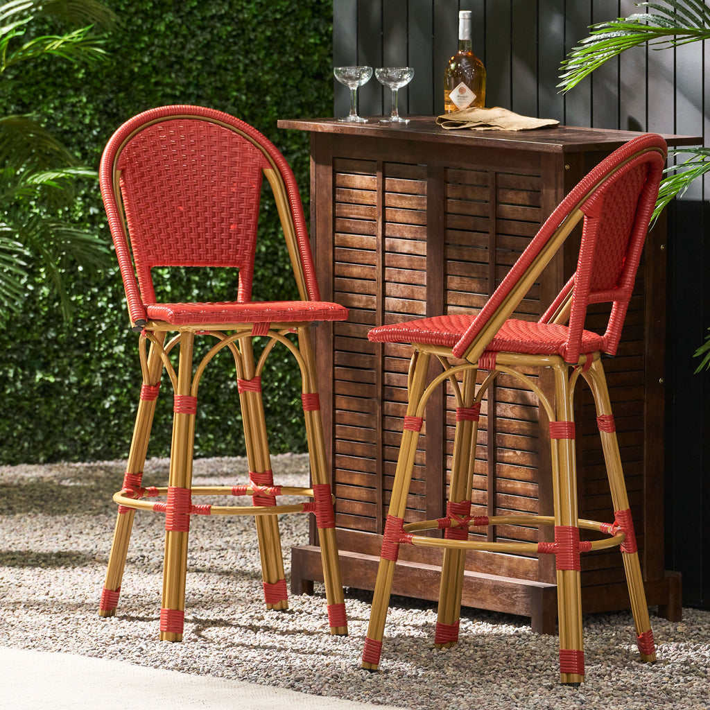 Callisto 29.5" Outdoor Rattan and Aluminum Bar Stool with Curved Back and Footrest