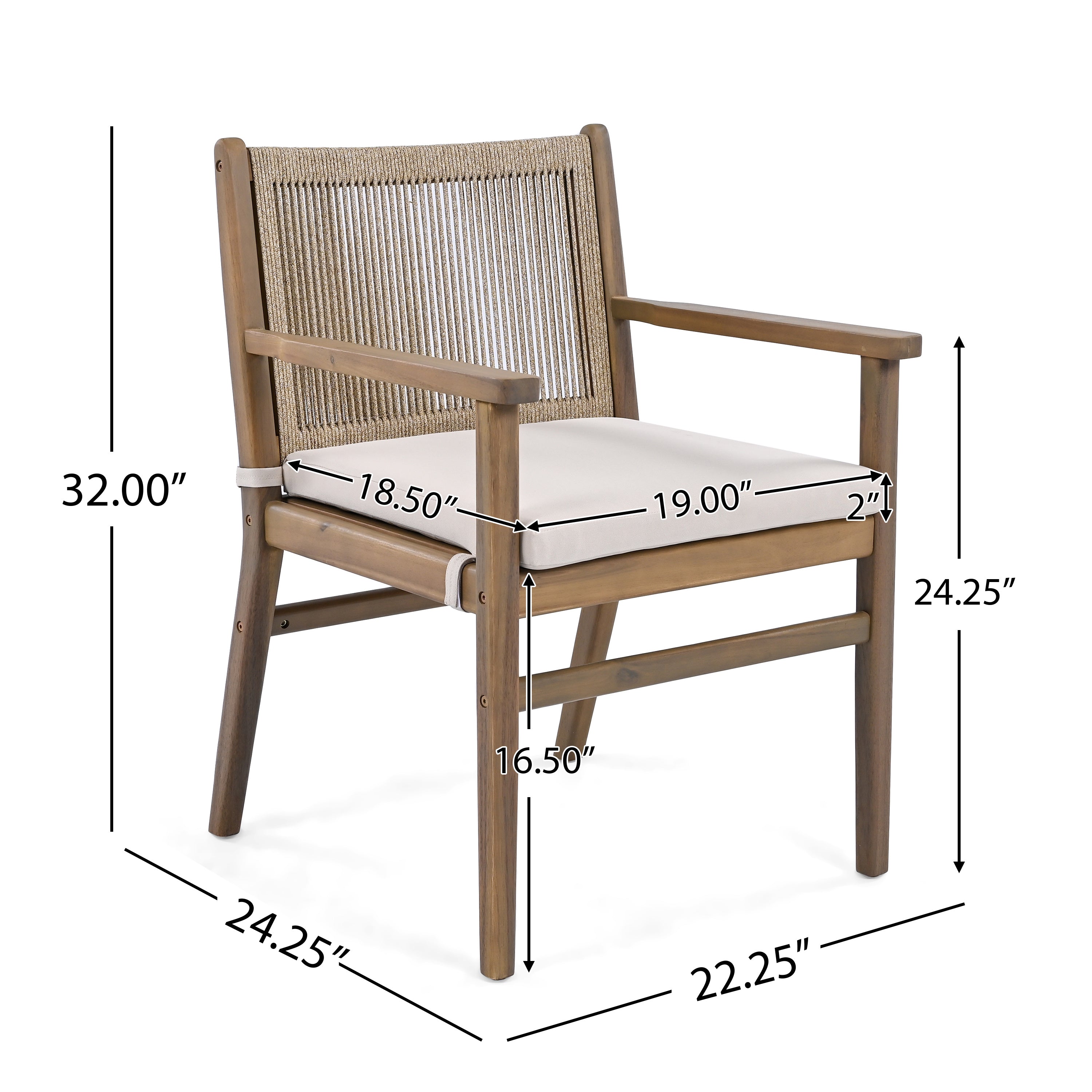 Outdoor Dining Chair with Rope Design Back and Seat Cushion, Set of 2