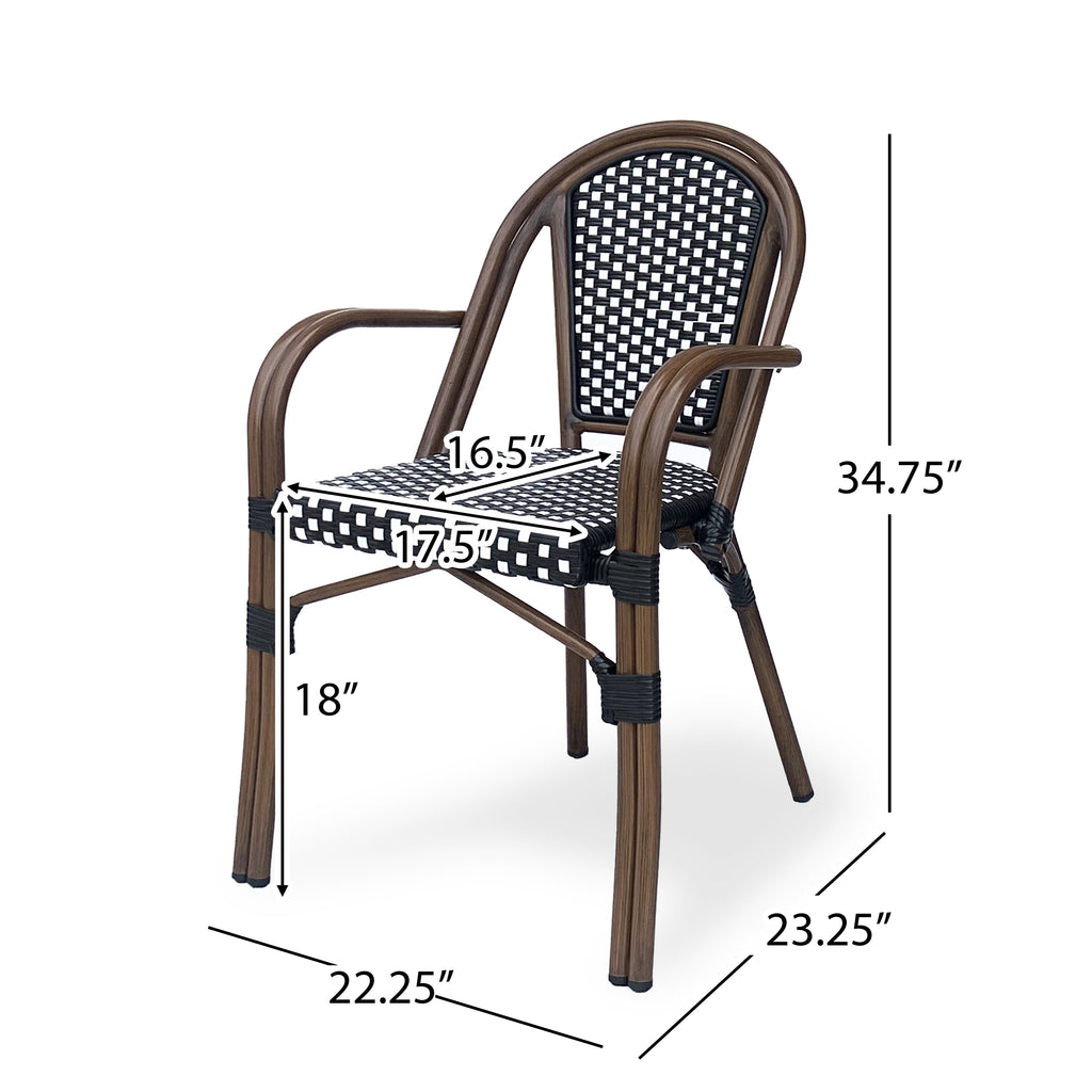 Crowned Wicker Bistro Chair with Checkered Pattern and Curved Arms, Set of 2