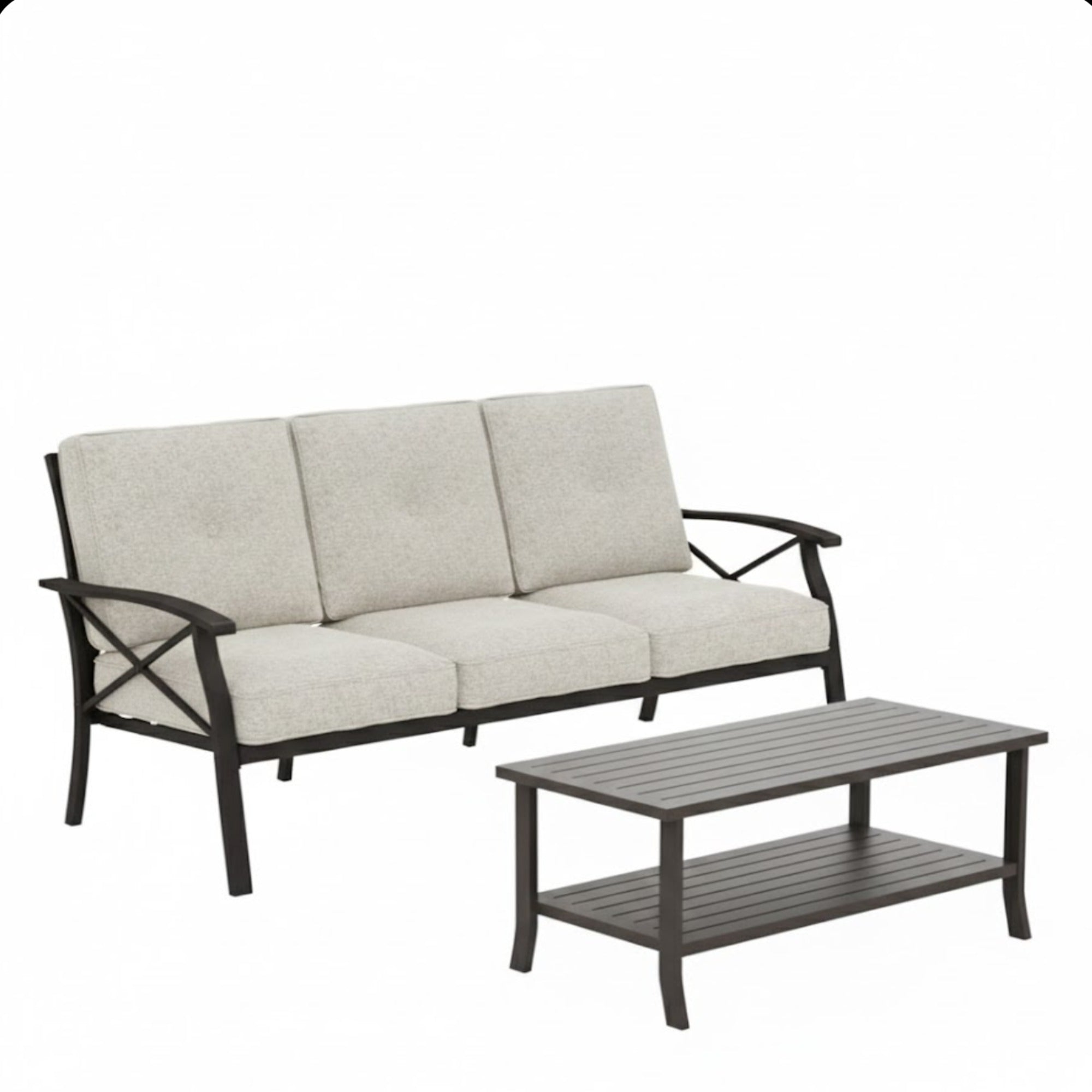 Marisol 2 Piece Outdoor Patio Set, 70" All-Weather Metal 3-Seat Sofa and Coffee Table