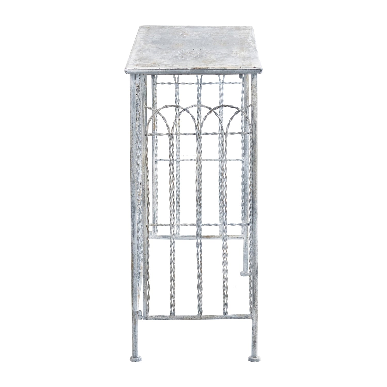 Distressed Silver Finish Iron French Country Arched Fence Console Table