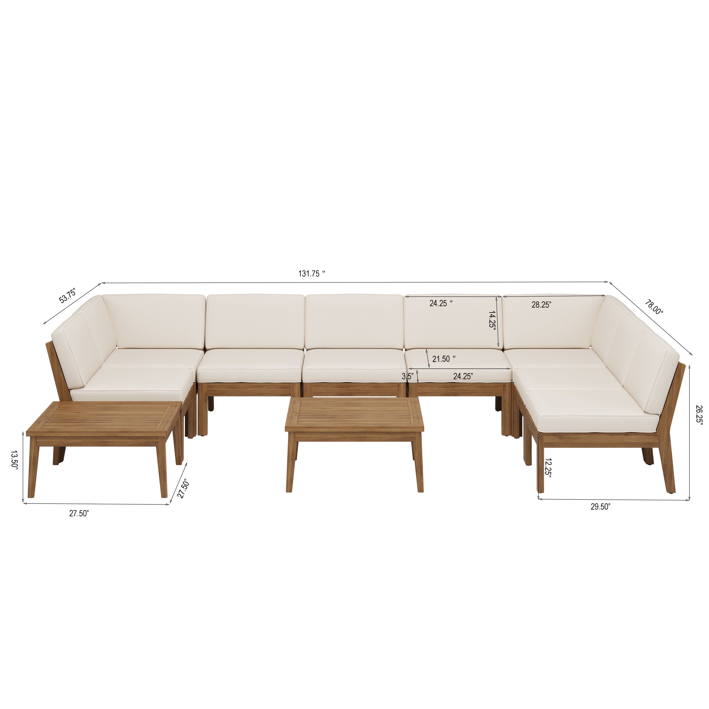 Grenada Outdoor Acacia Wood U-Shape Armless Sectional Sofa