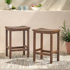 Mahogany Brown Outdoor Acacia Wood Counter Height Barstool, Set of 2