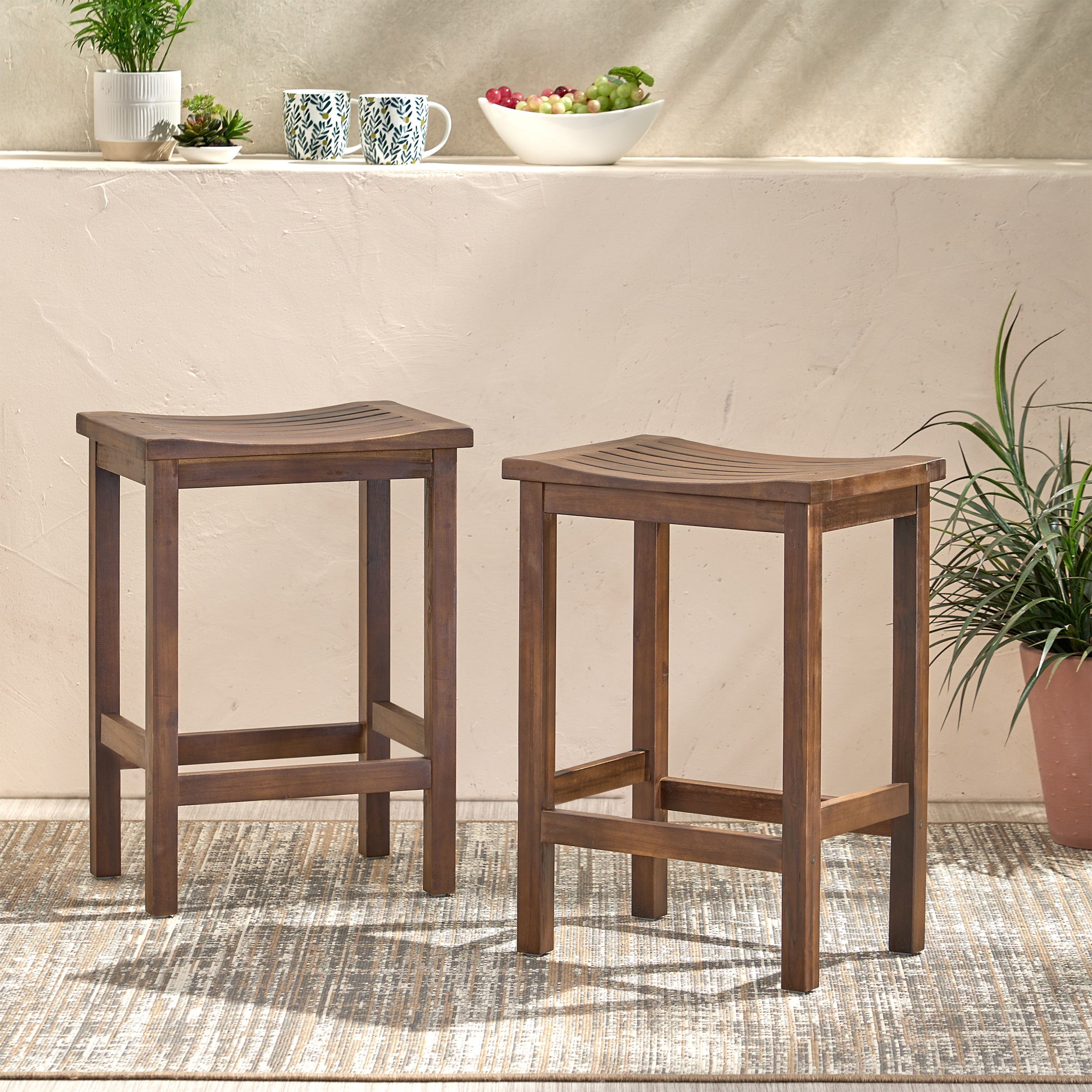 Mahogany Brown Outdoor Acacia Wood Counter Height Barstool, Set of 2