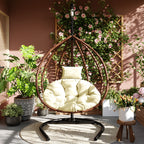 Foldable Rattan Egg Swing Chair with Iron Frame, Plush Cushion & Removable Headrest