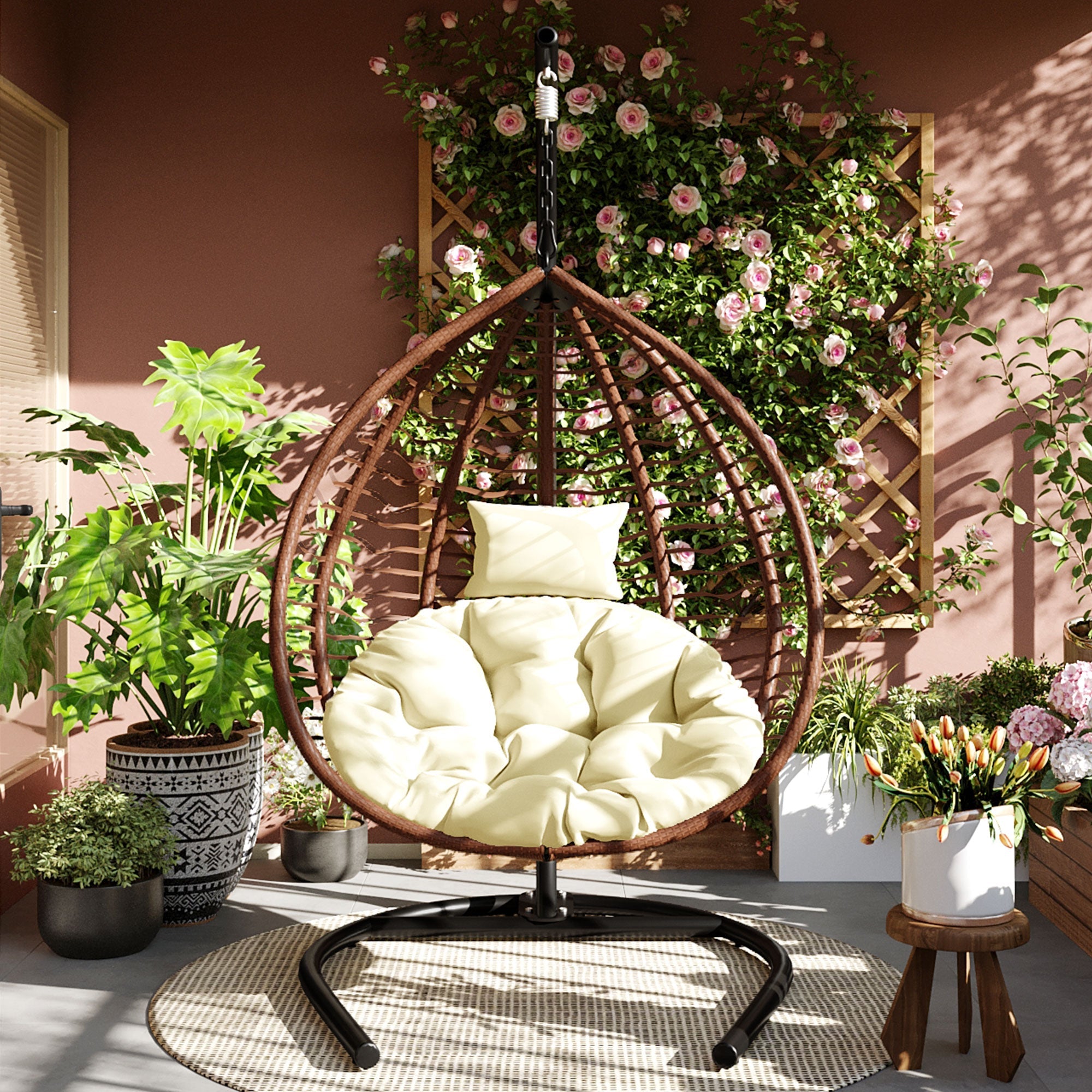 Foldable Rattan Egg Swing Chair with Iron Frame, Plush Cushion & Removable Headrest