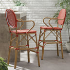 Valorous Outdoor Wicker Bar Stool with Round Back and Curved Arms, Set of 2